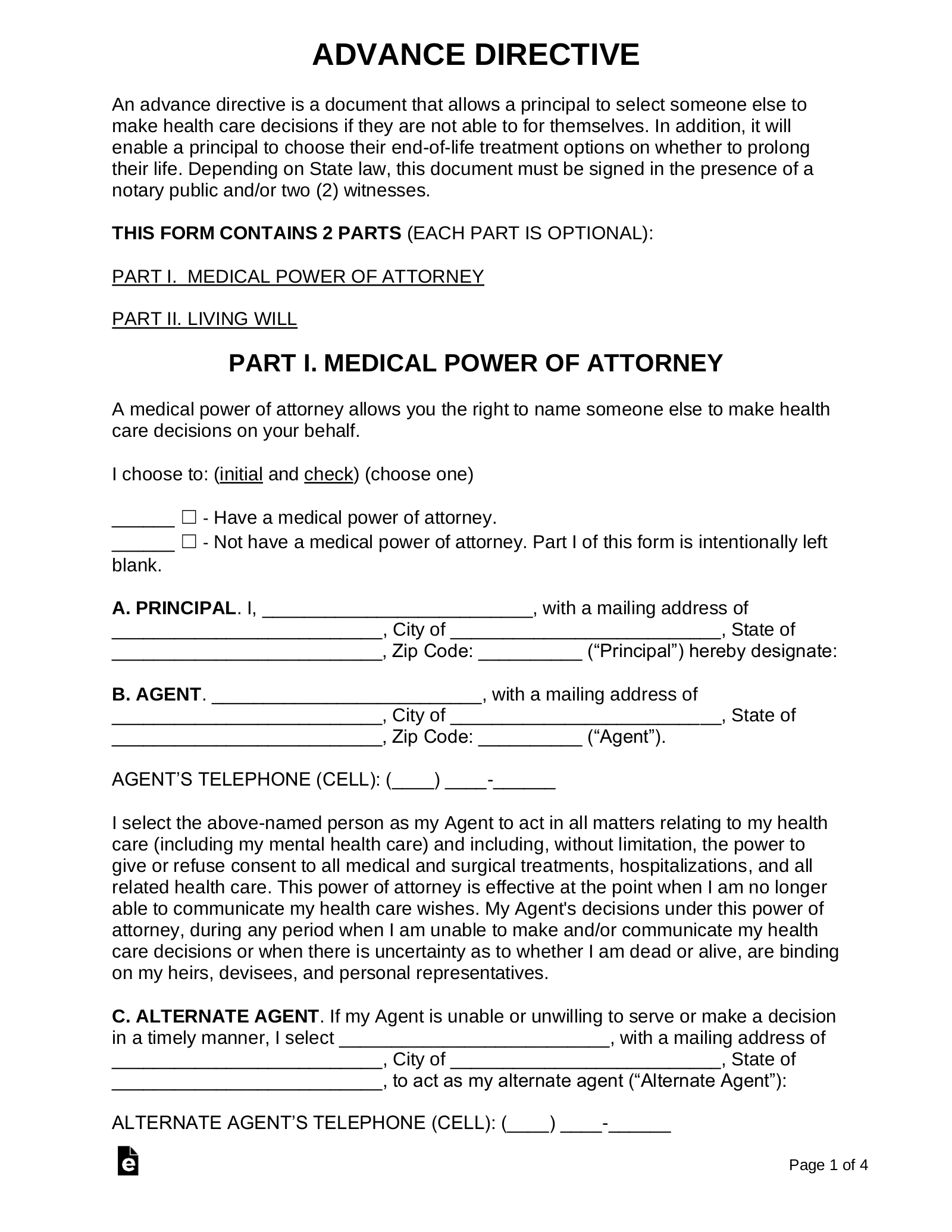 Free Advance Directive Form (Medical Poa + Living Will) - Pdf intended for Free Printable Advance Directive Form