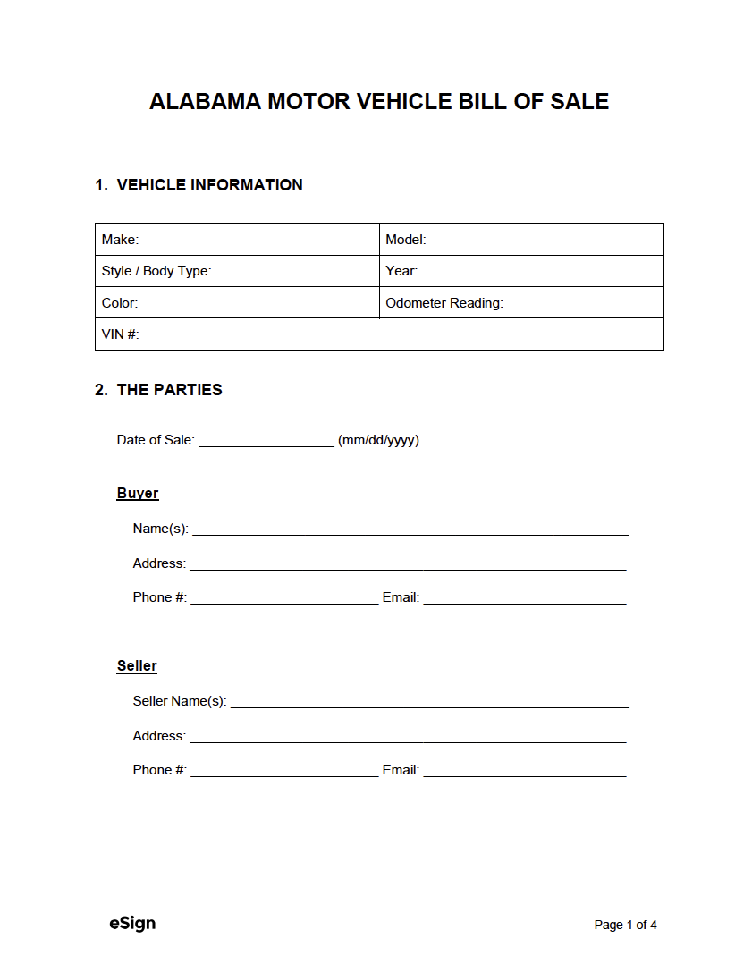 Free Alabama Bill Of Sale Forms | Pdf | Word with Free Printable Bill of Sale for Vehicle in Alabama