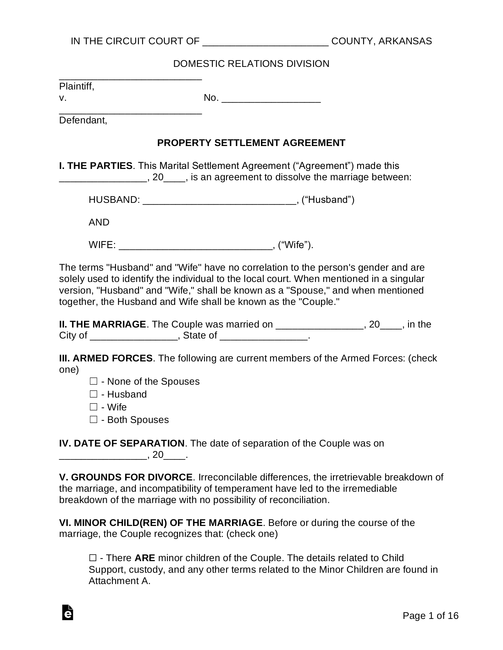 Free Arkansas Marital Settlement (Divorce) Agreement - Pdf | Word in Free Printable Divorce Papers For Arkansas