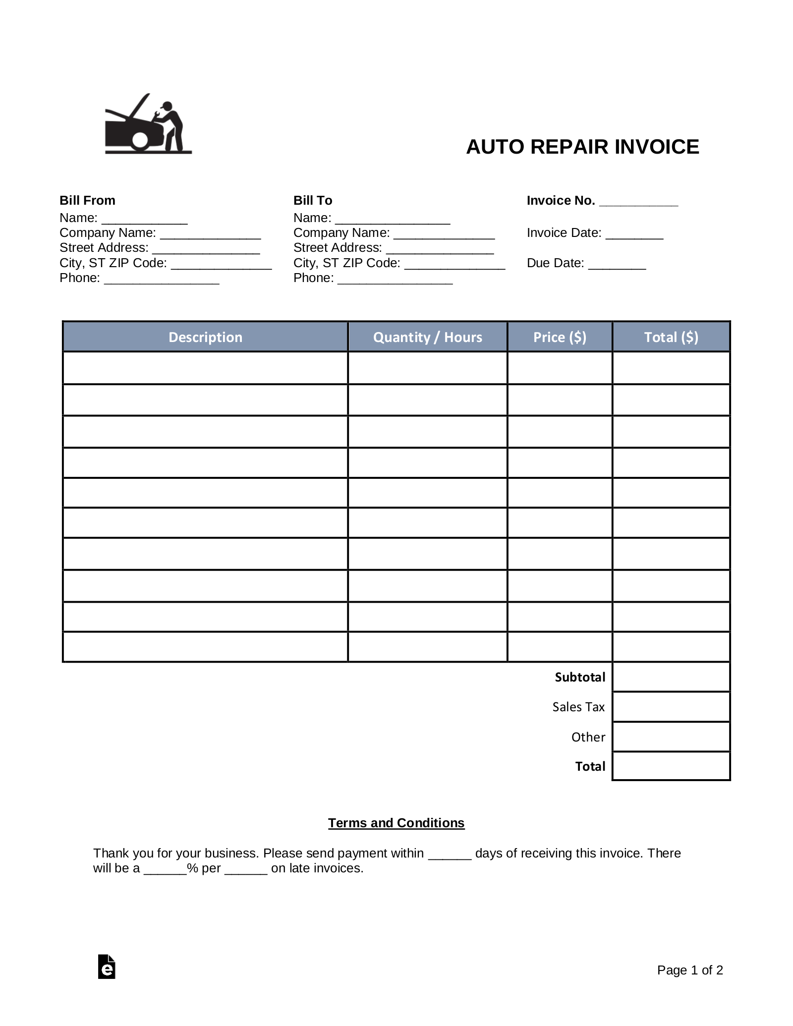 Free Auto Body (Mechanic) Invoice Template - Pdf | Word – Eforms with Free Printable Auto Repair Invoice Template