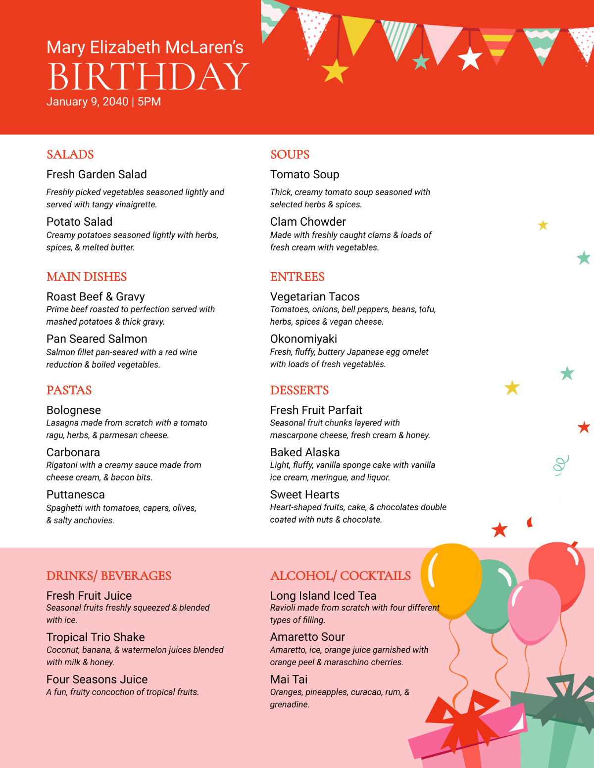 Free Birthday Menu Templates &amp; Examples - Edit Online &amp; Download inside Free Printable Birthday Menu Templates