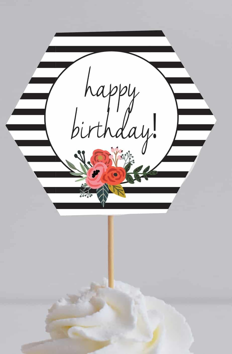 Free Black And White Cupcake Toppers Printables regarding Free Printable Happy Birthday Cake Topper