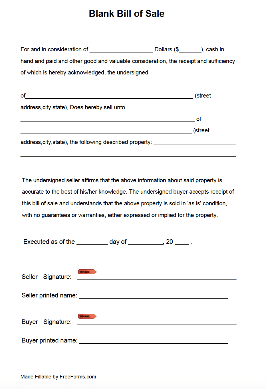 Free Blank Bill Of Sale Form | Pdf with regard to Free Printable Generic Bill Of Sale