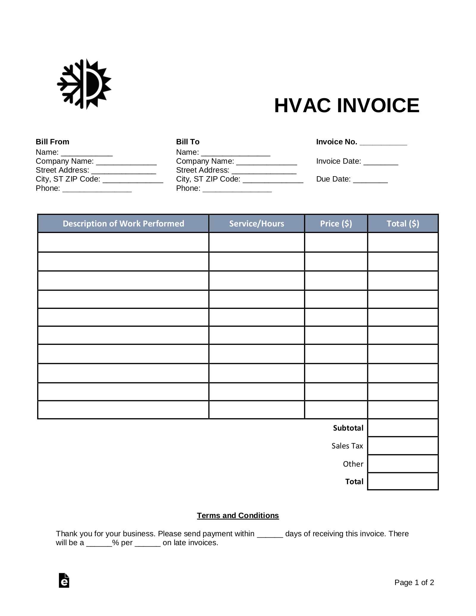 Free Blank Invoice Templates (30) - Pdf – Eforms intended for Free Printable Blank Invoice Sheet