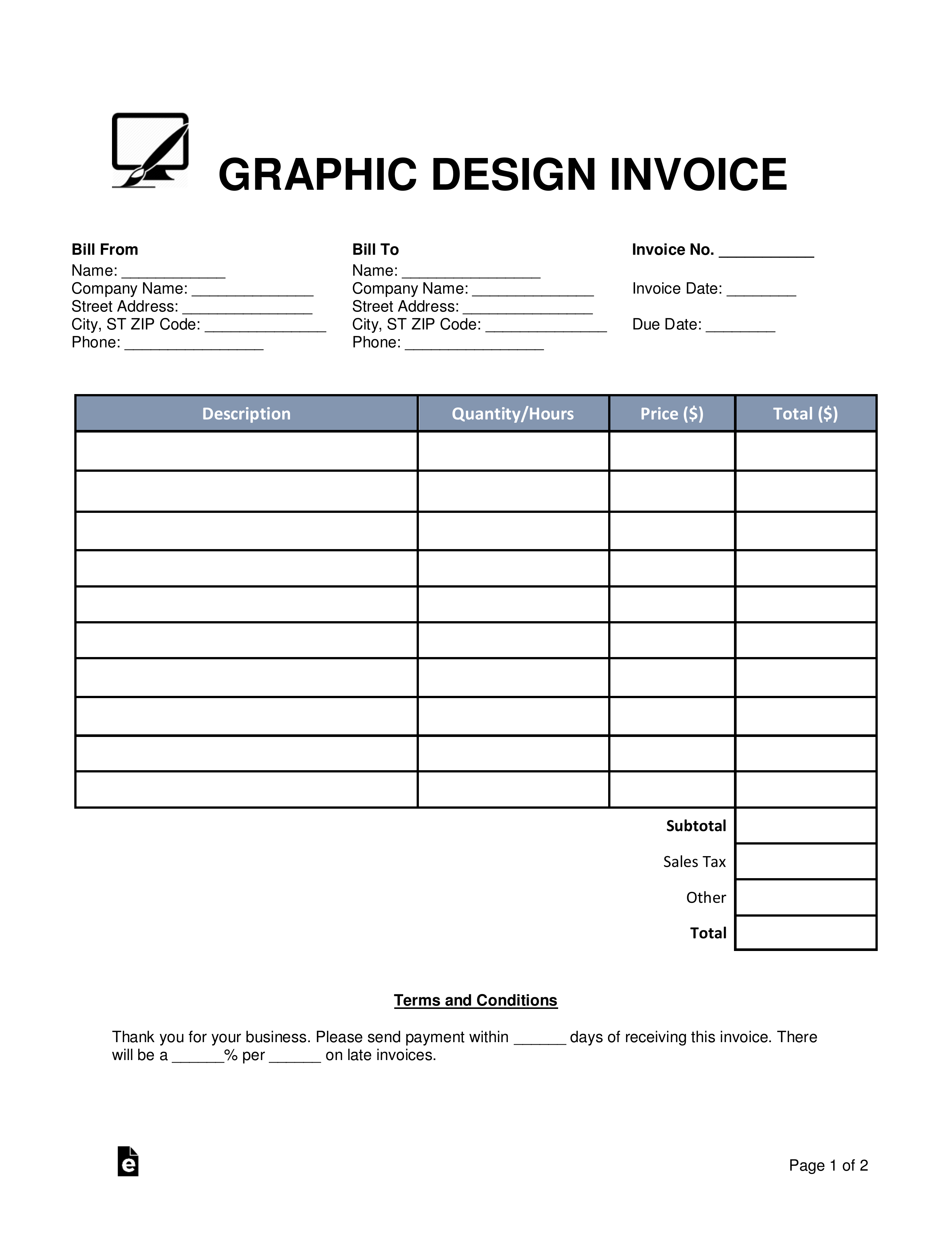 Free Blank Invoice Templates (30) - Pdf – Eforms intended for Invoice Templates Printable Free Word Doc