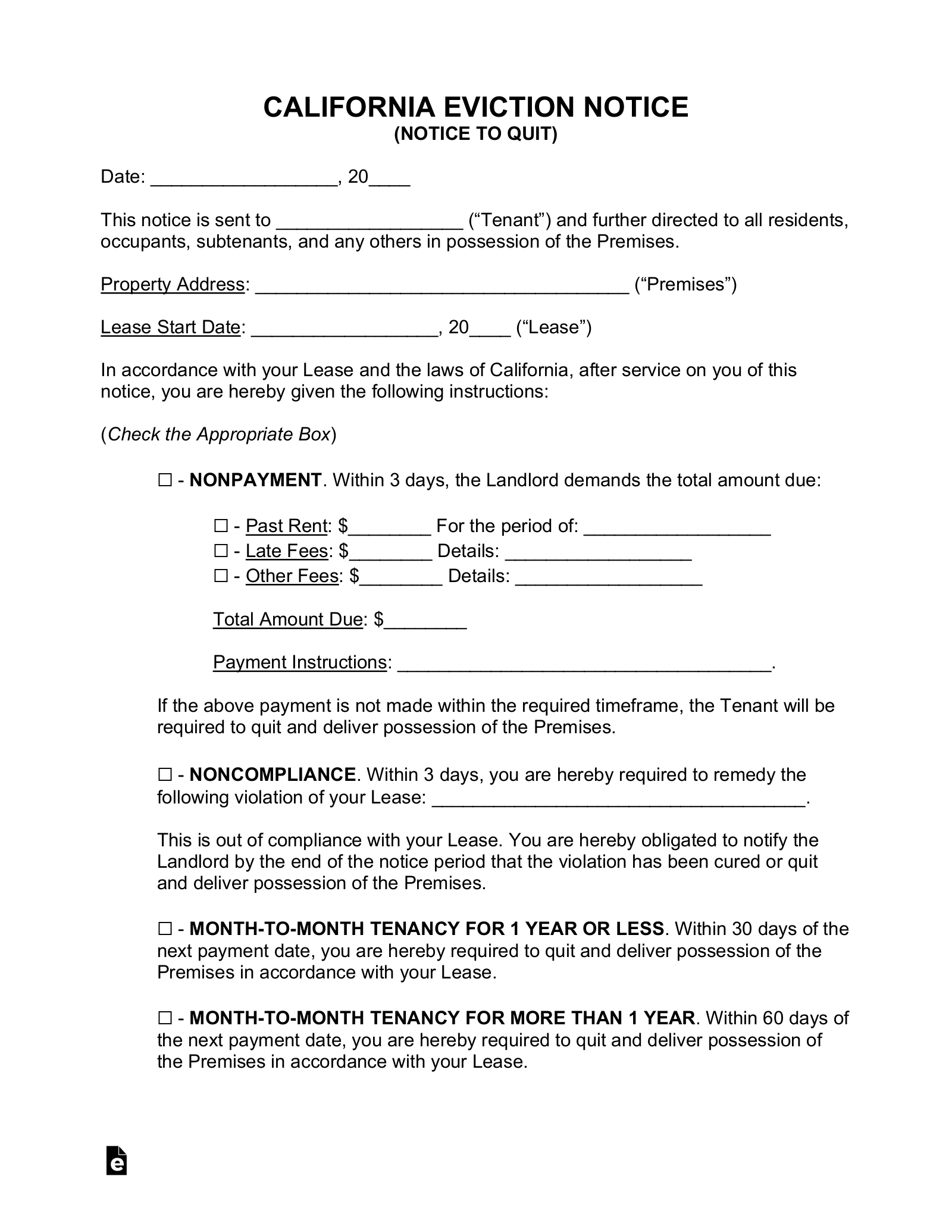 Free California Eviction Notice Forms (6) - Pdf | Word – Eforms for Free Printable Legal Forms California