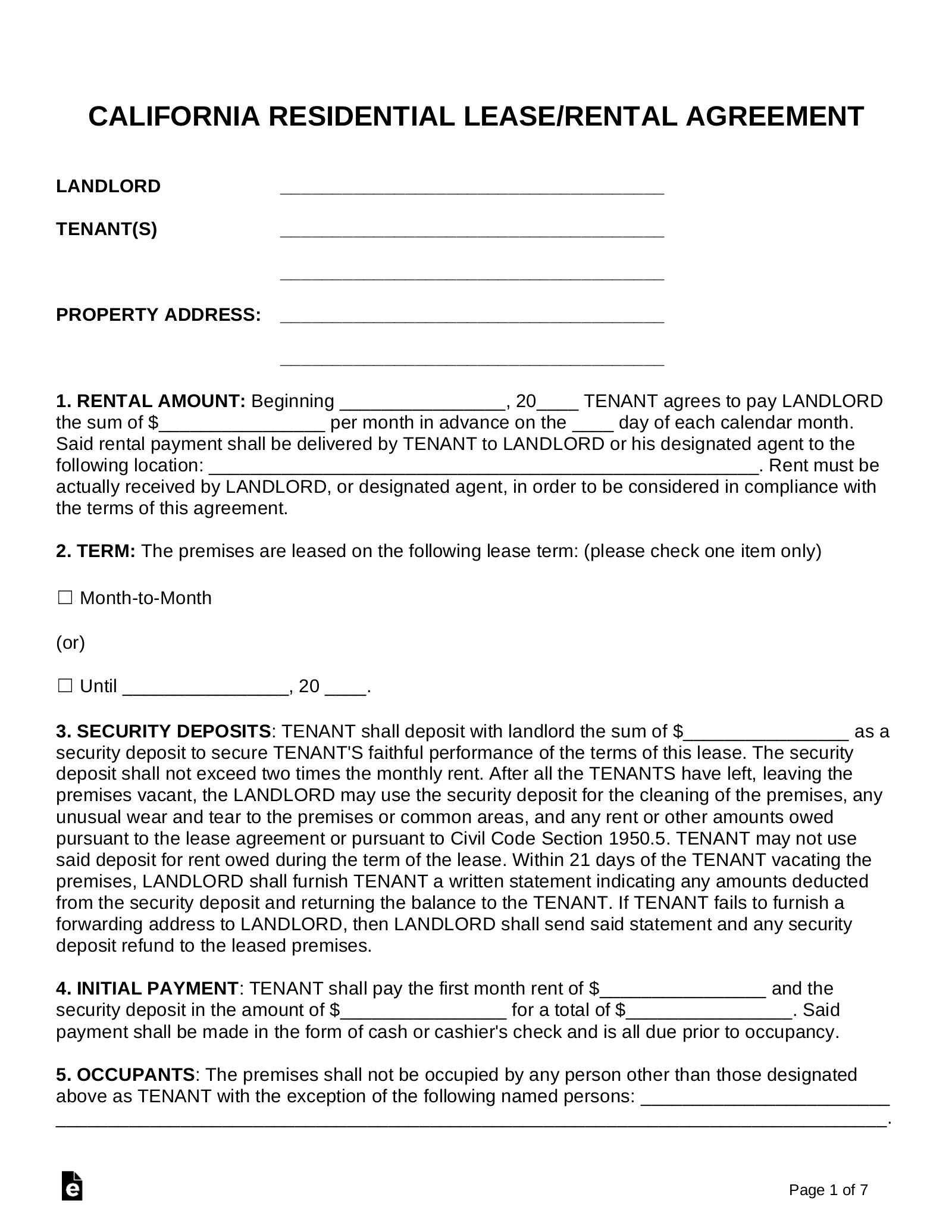 Free California Lease Agreement Templates (6) - Pdf | Word – Eforms pertaining to Free Printable California Residential Lease Agreement