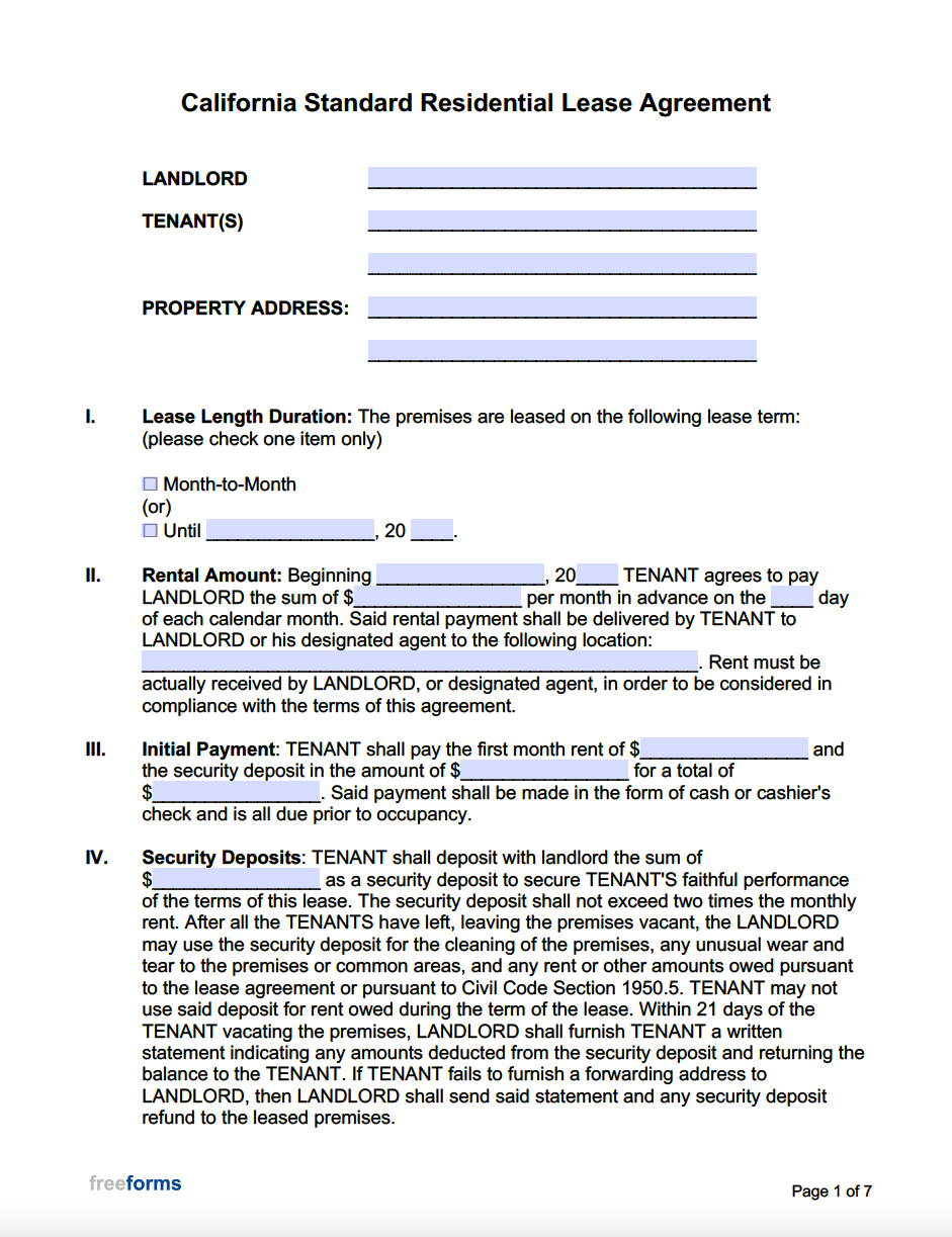 Free California Standard Residential Lease Agreement Template inside Free Printable California Residential Lease Agreement