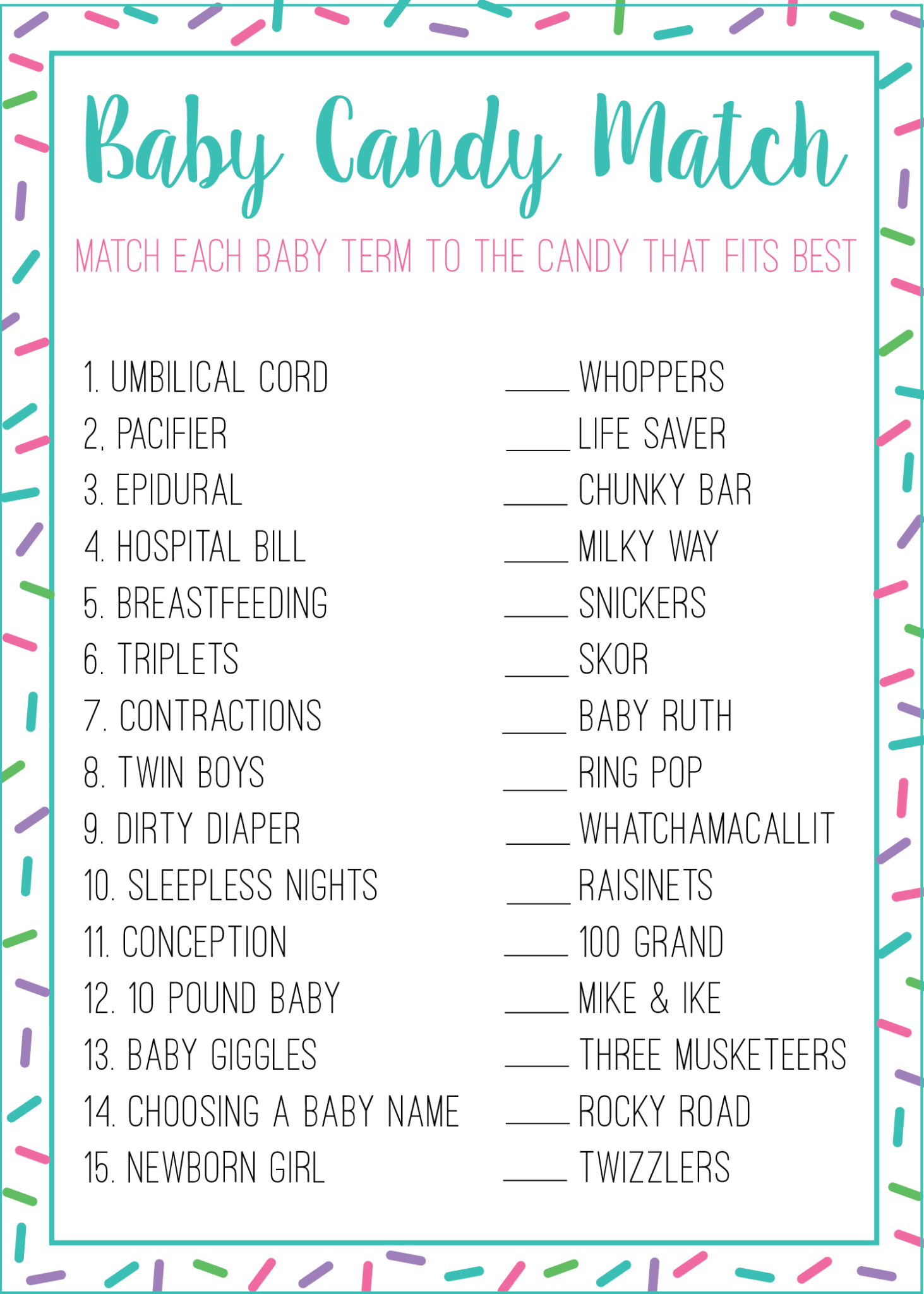 Free Candy Match Baby Shower Game - The Postpartum Party | Funny throughout Candy Bar Baby Shower Game Free Printable