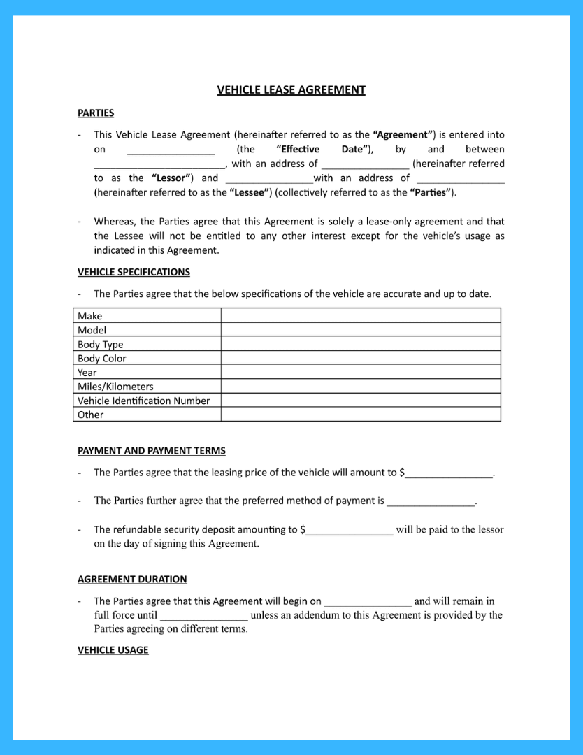 Free Car Lease Agreement Template To Win More Clients with regard to Free Printable Vehicle Lease Agreement