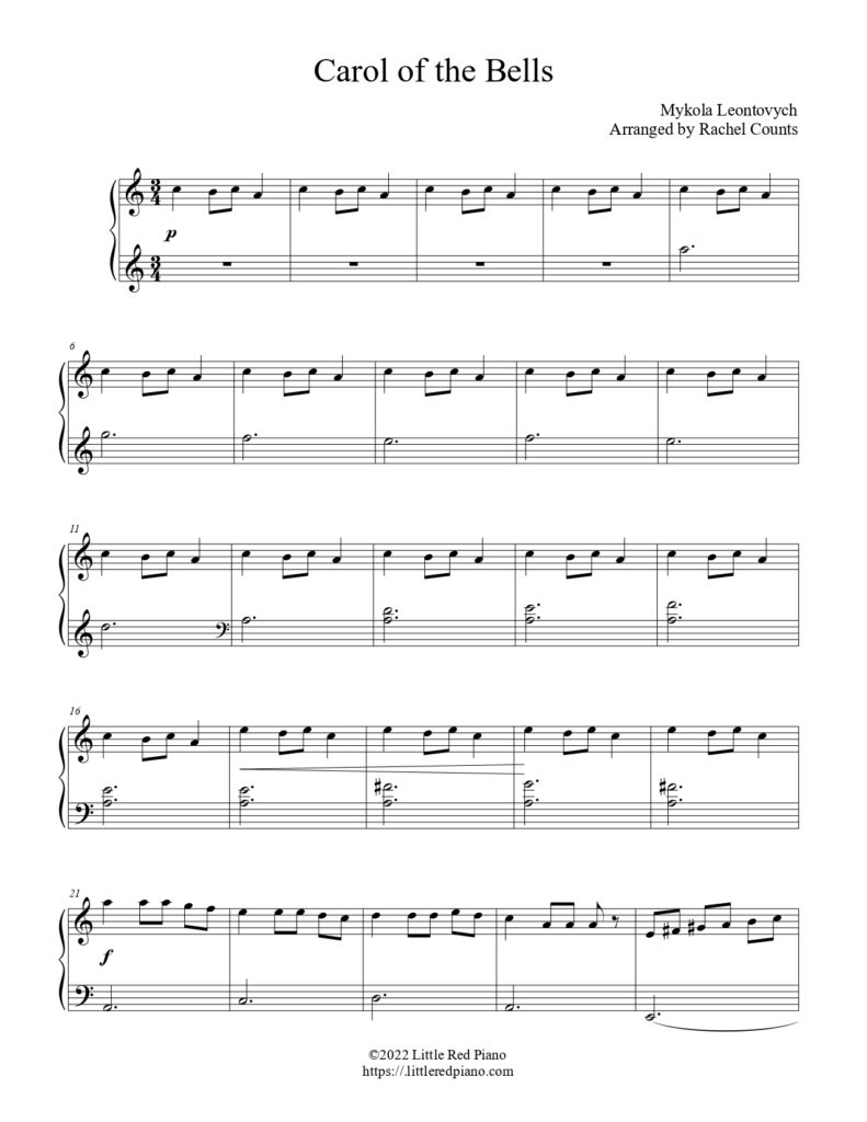 Free Carol Of The Bells Sheet Music - Easy Piano - intended for Free Christmas Sheet Music For Keyboard Printable