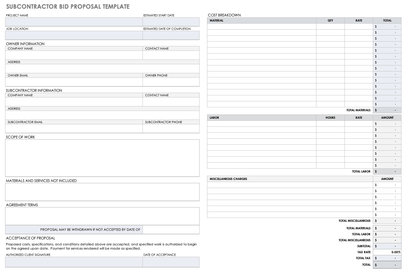 Free Construction Bid Templates | Smartsheet pertaining to Free Printable Contractor Bid Forms