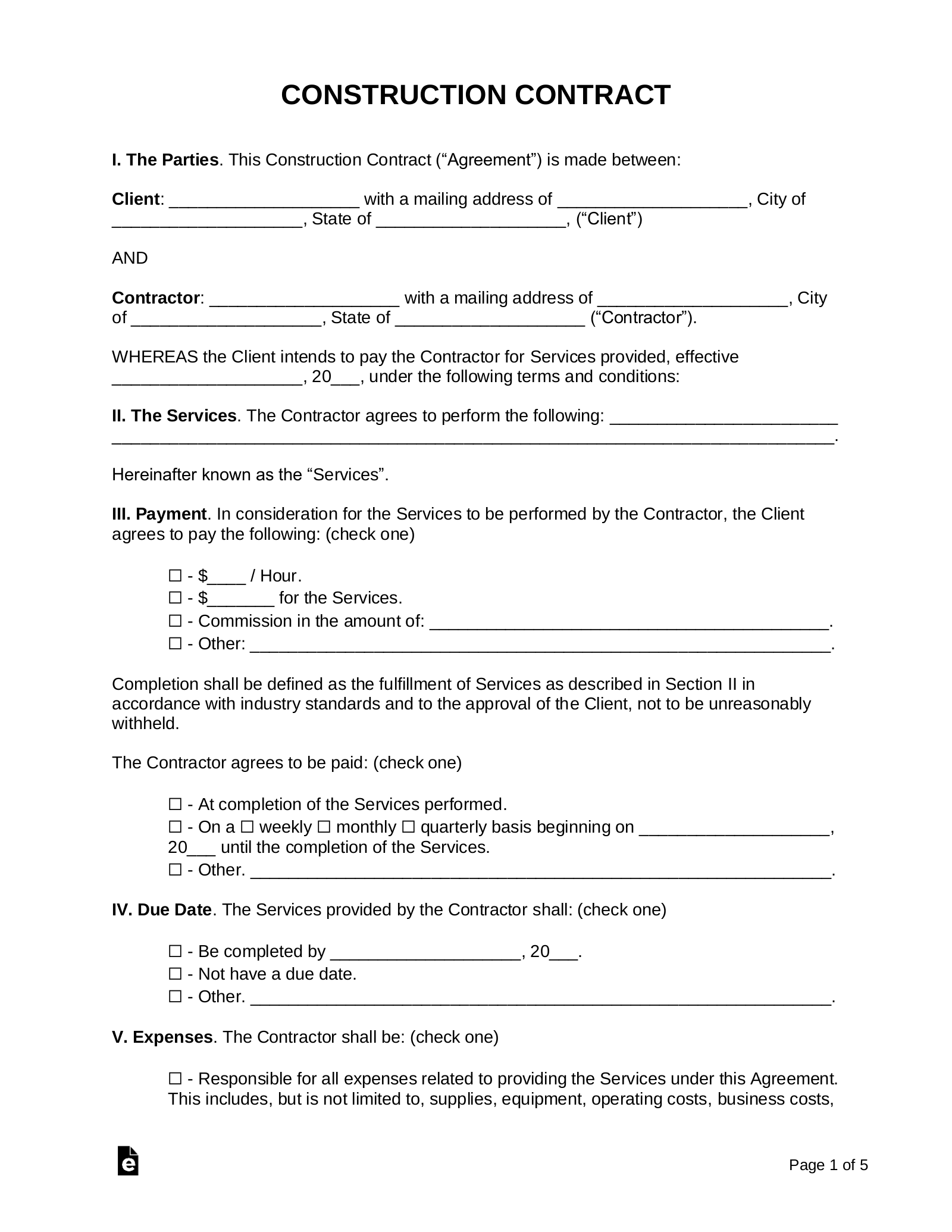 Free Construction Contract Template | Sample - Pdf | Word – Eforms throughout Free Printable Construction Contracts