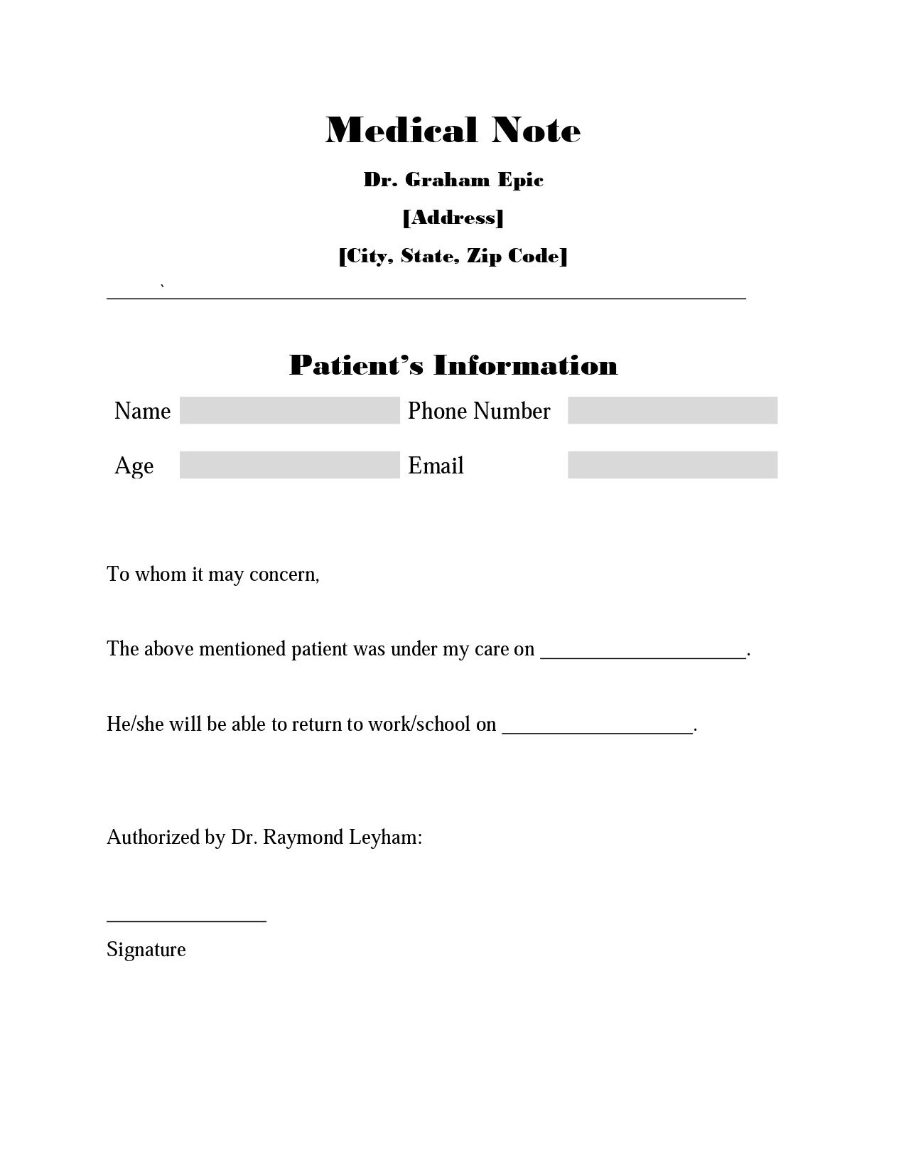 Free Customizable And Printable Doctors Note Templates for Doctor Notes For Free Printable