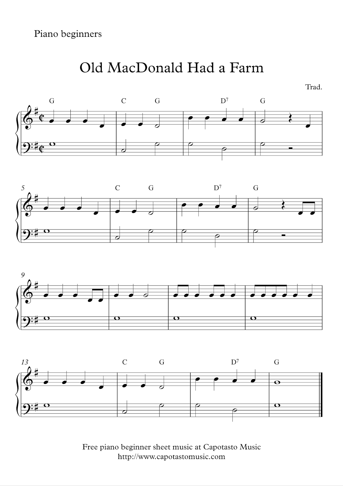 Free Easy Beginner Piano Sheet Music: Old Macdonald Had A Farm for Free Printable Piano Pieces