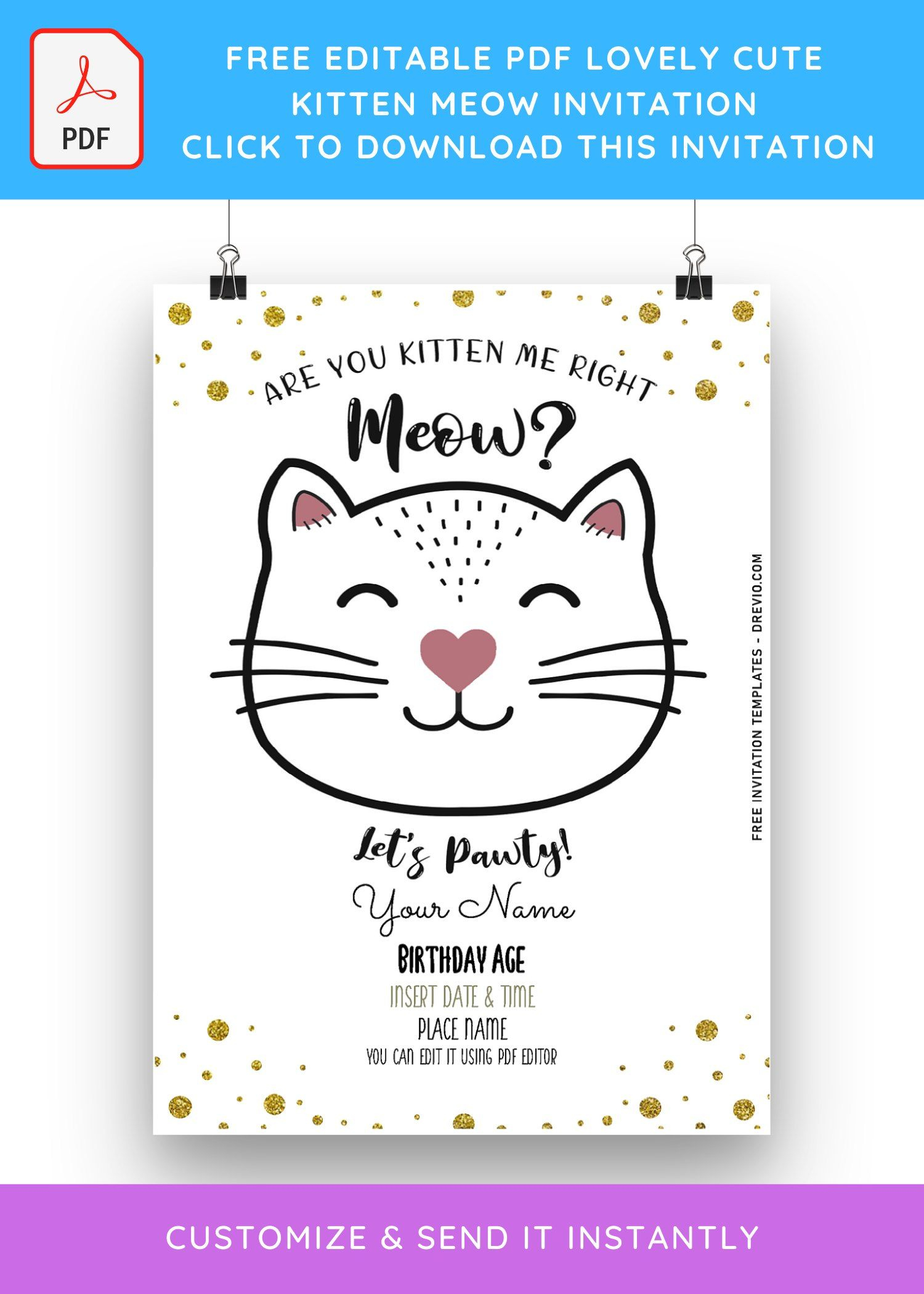 Free Editable Pdf) Lovely Cute Kitten Meow Birthday Invitation intended for Free Printable Kitten Birthday Invitations