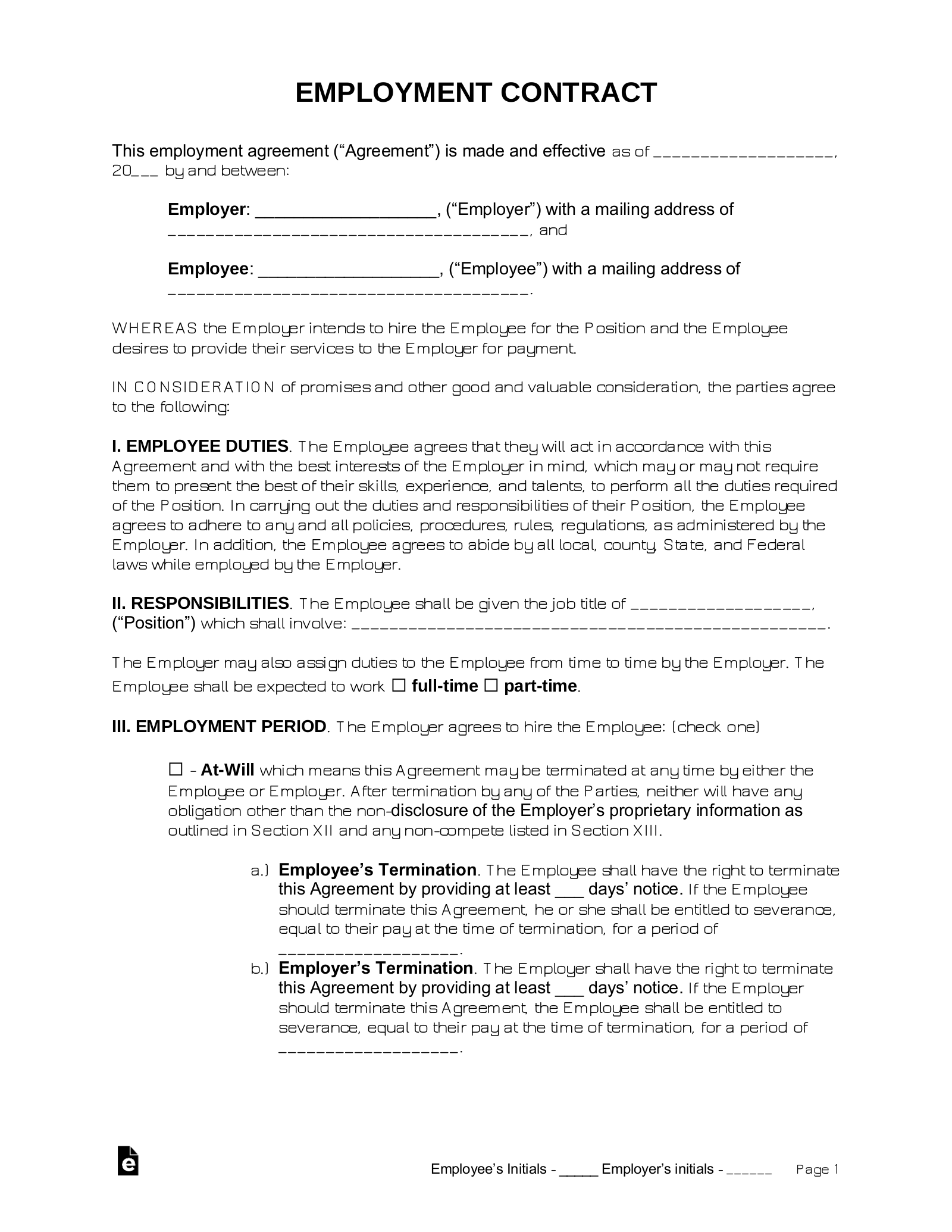 Free Employment Contract Templates - Pdf | Word – Eforms with Free Printable Employment Contracts