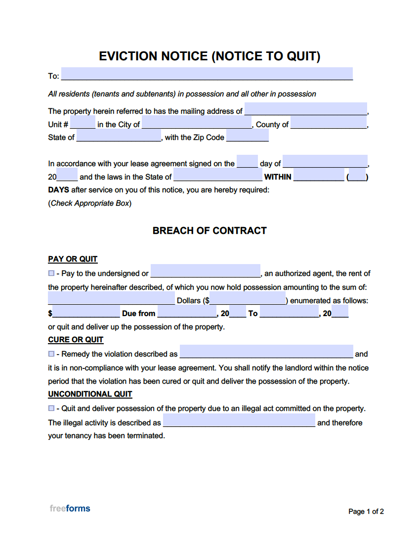 Free Eviction Notice Templates (Notices To Quit) | Pdf | Word with Free Printable Eviction Notice