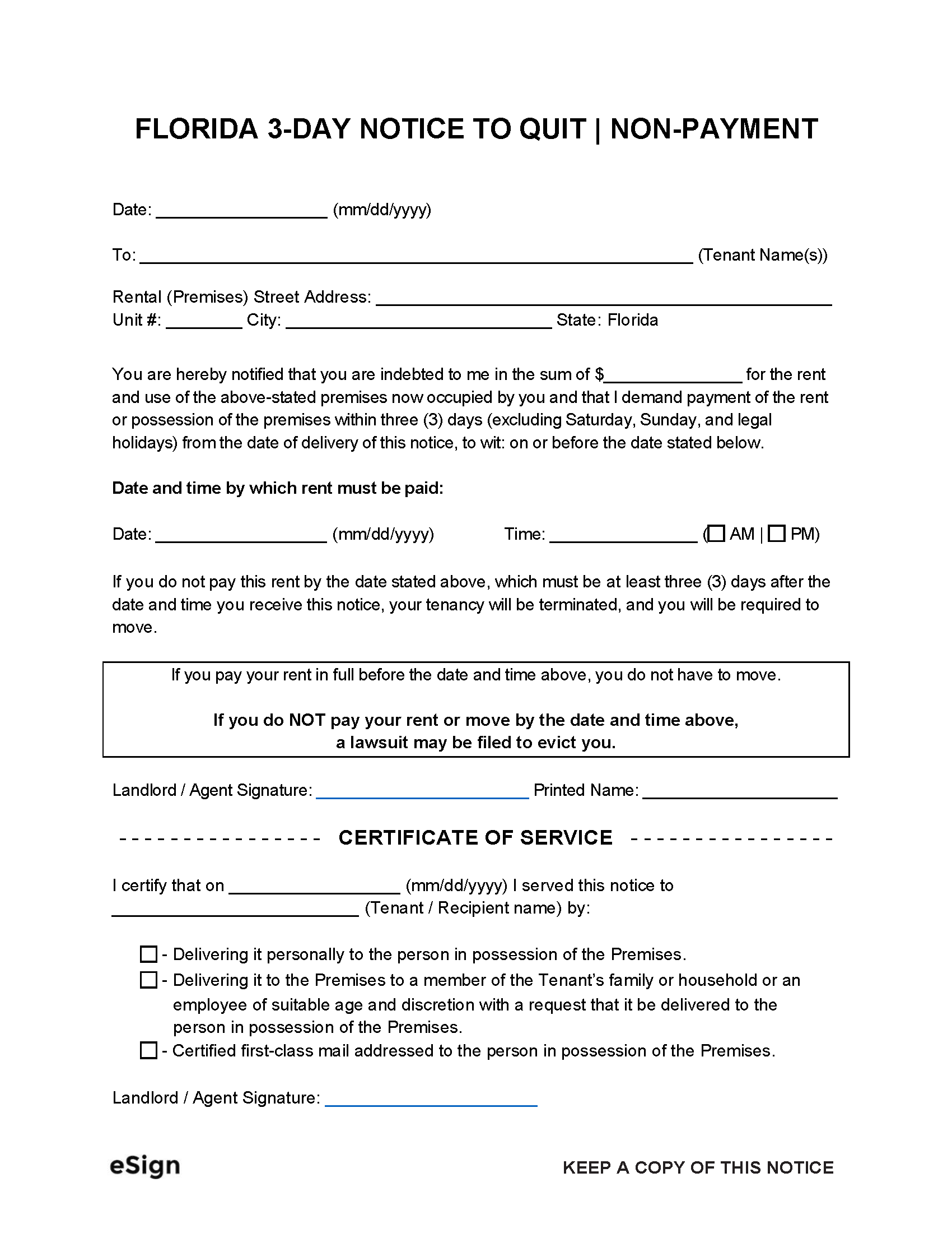 Free Florida 3-Day Notice To Quit | Non-Payment | Pdf | Word inside Free Printable 3 Day Eviction Notice