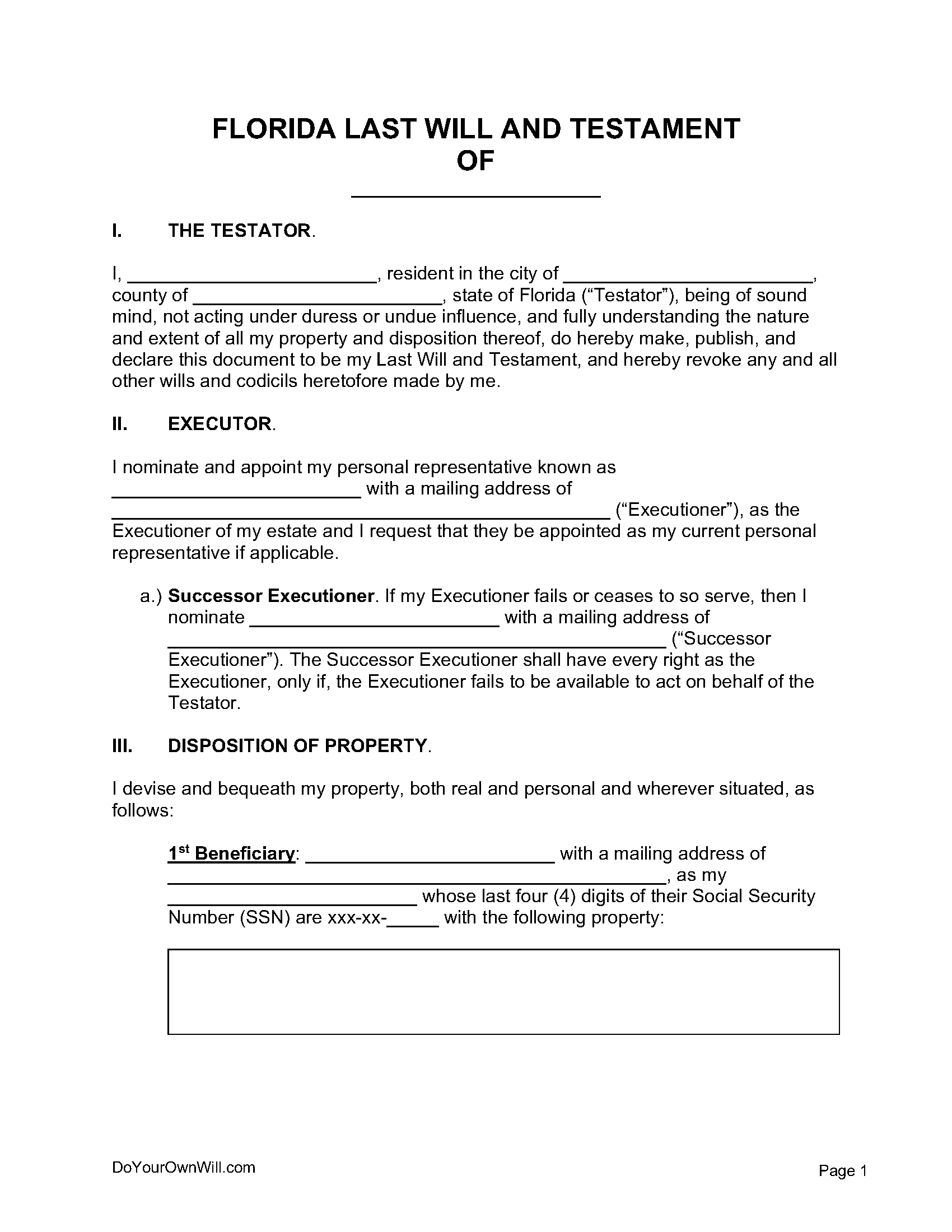 Free Florida Last Will And Testament Form | Pdf | Word | Odt inside Free Printable Florida Last Will and Testament Form