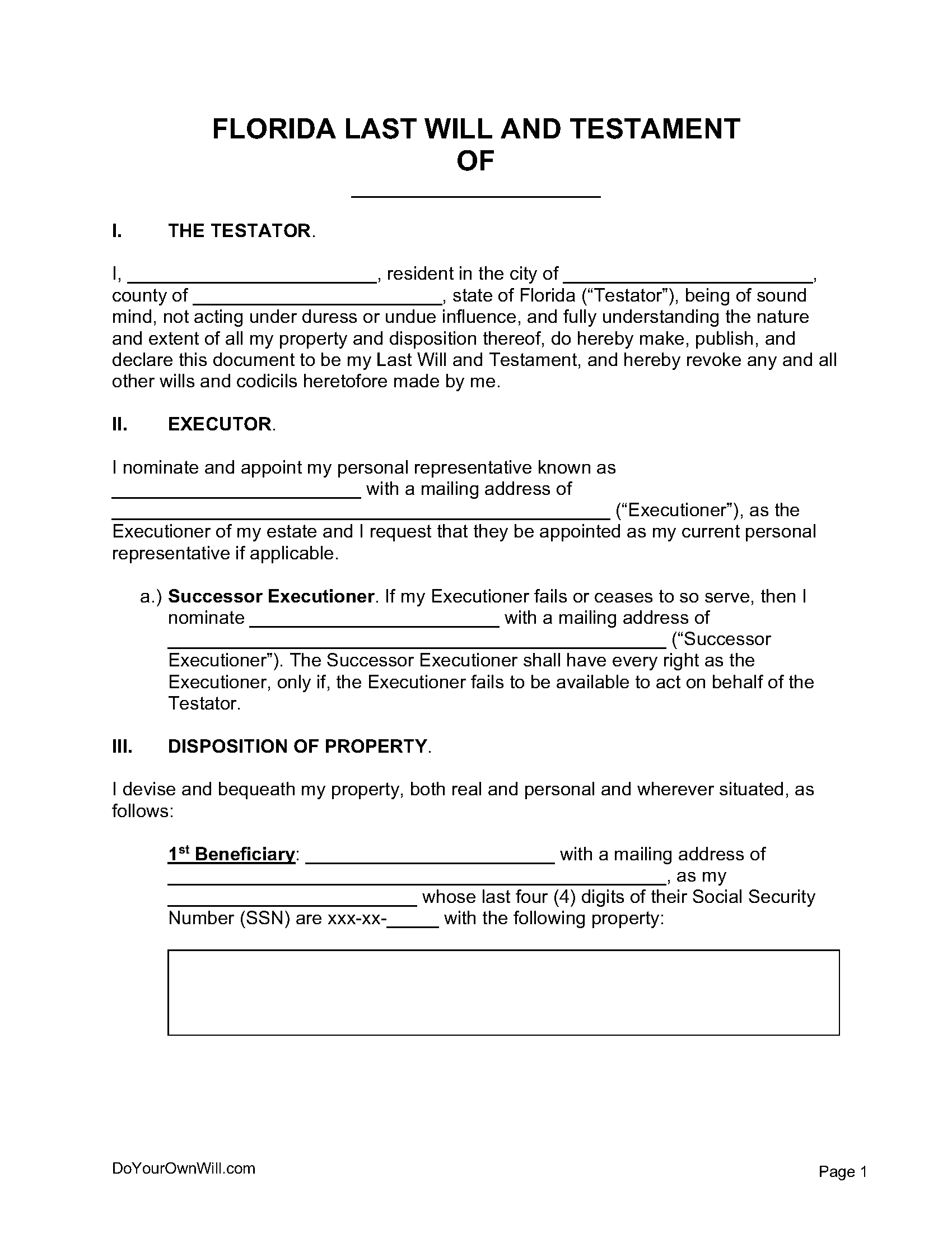 Free Florida Last Will And Testament Form | Pdf | Word | Odt throughout Free Printable Last Will And Testament Blank Forms Florida