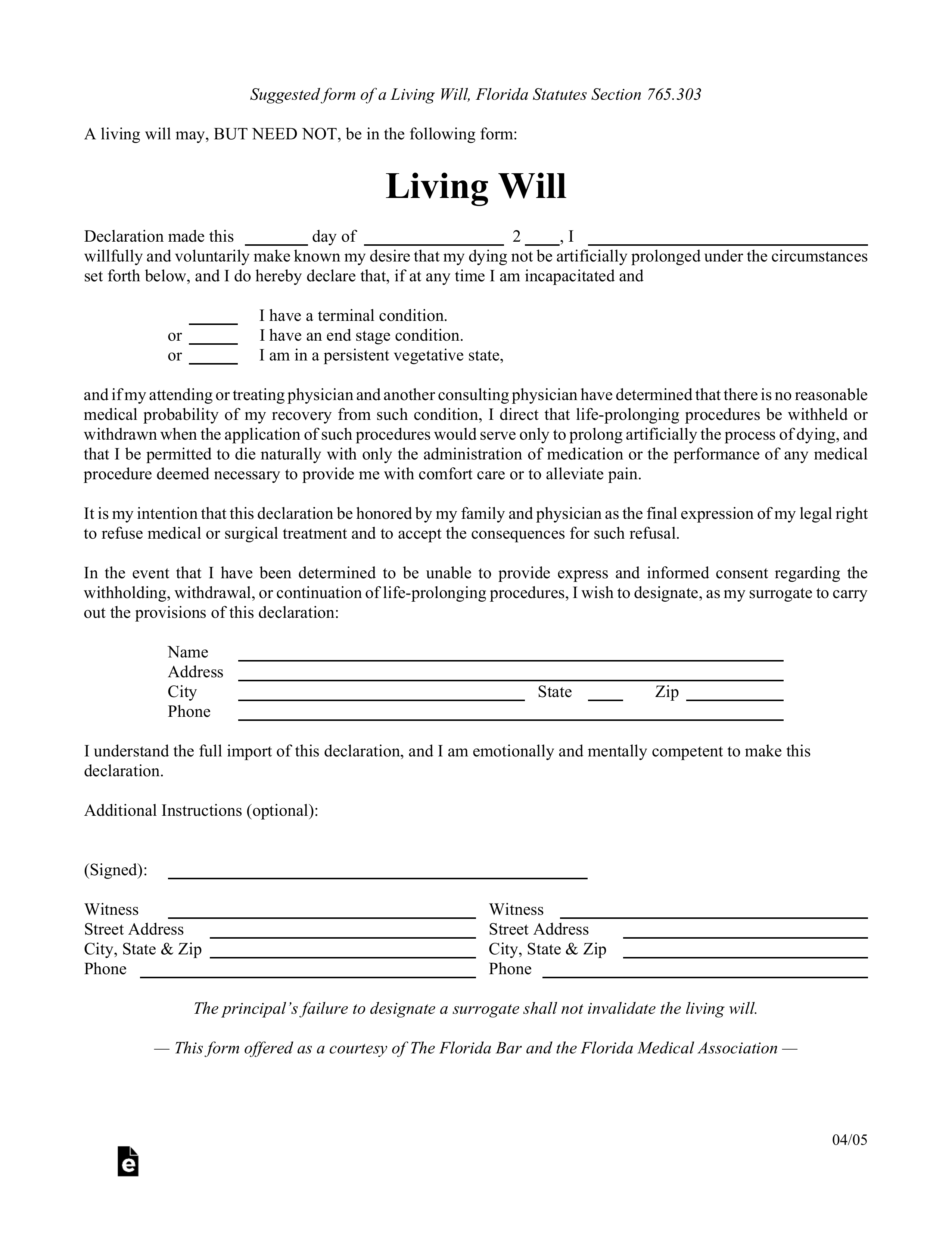 Free Florida Living Will Form Template - Pdf – Eforms within Free Printable Florida Will