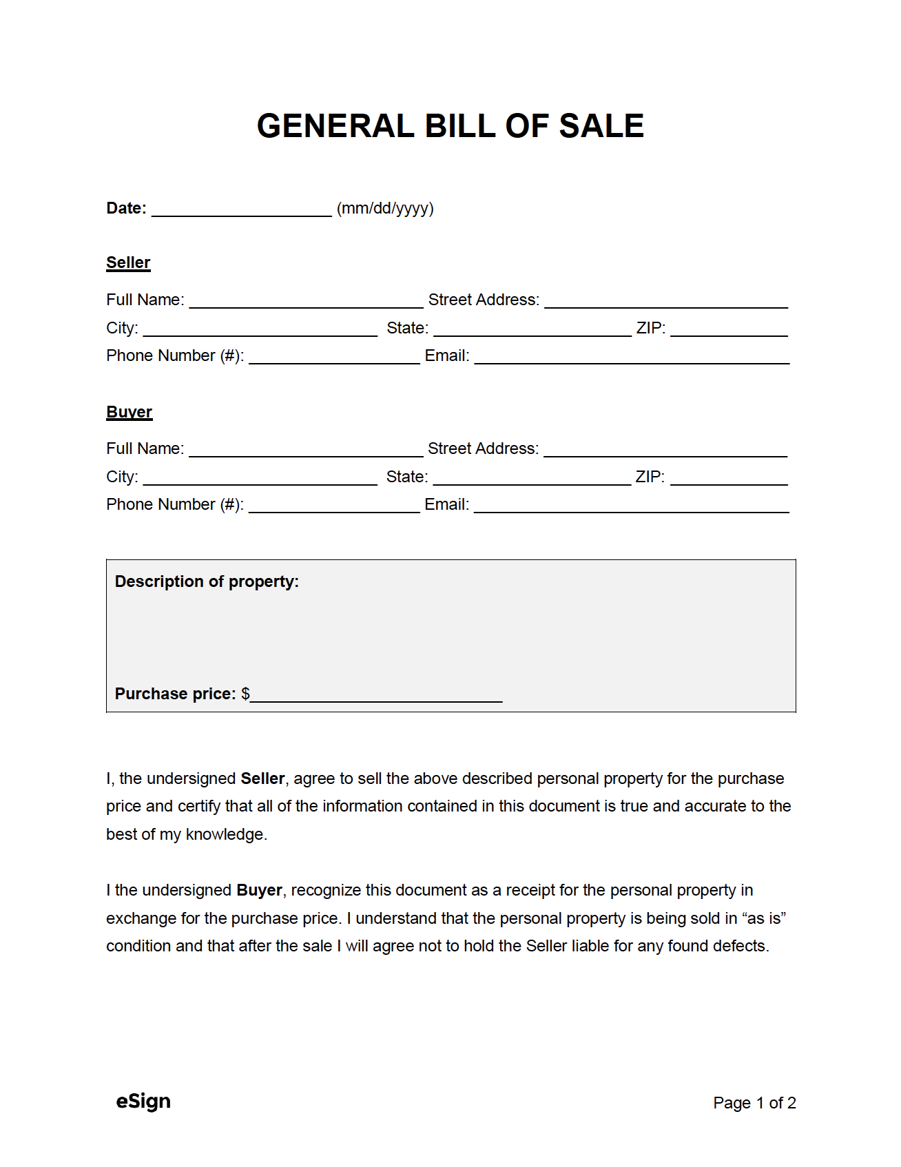 Free General Bill Of Sale Form | Pdf | Word with Free Printable Generic Bill Of Sale