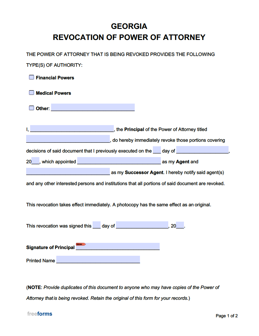 Free Georgia Revocation Of Power Of Attorney Form | Pdf | Word with regard to Free Printable Revocation of Power of Attorney Form