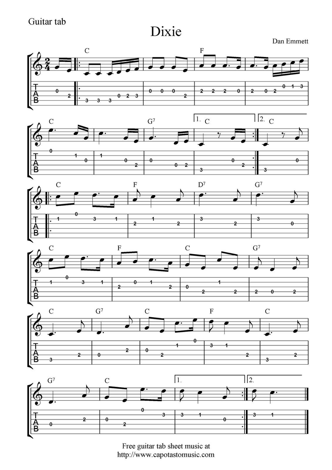 Free Guitar Tab Sheet Music For Dixie throughout Free Guitar Sheet Music For Popular Songs Printable