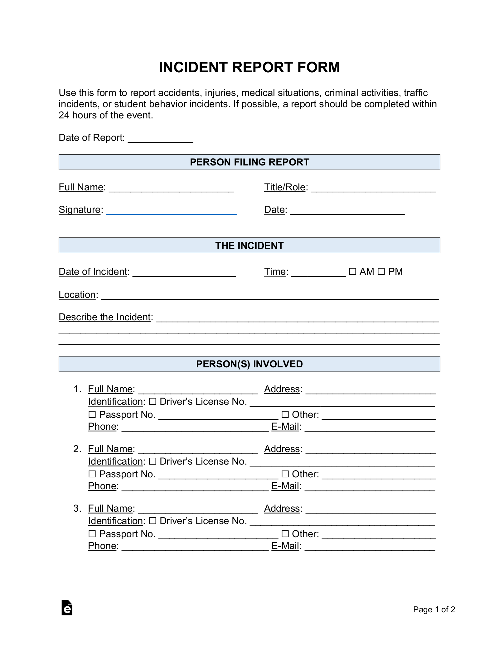 Free Incident Report Templates (18) | Sample - Pdf | Word – Eforms for Free Printable Incident Report Form