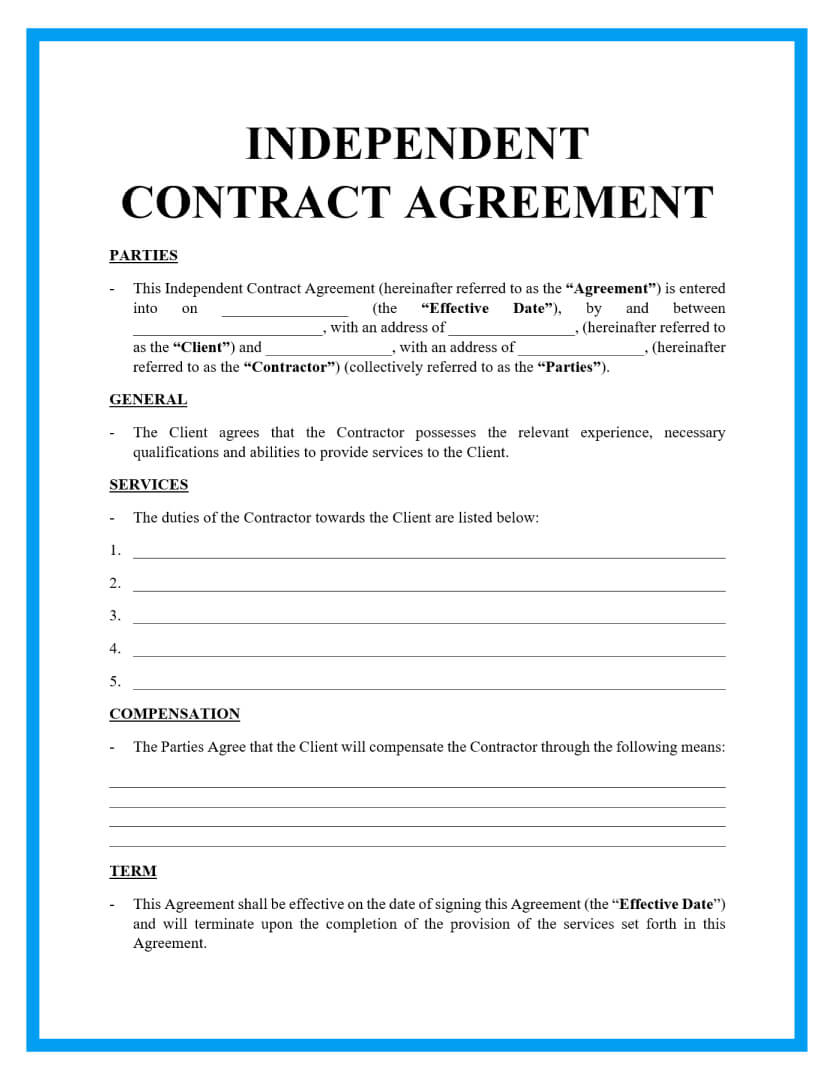 Free Independent Contractor Agreement For Download in Free Printable Construction Contracts