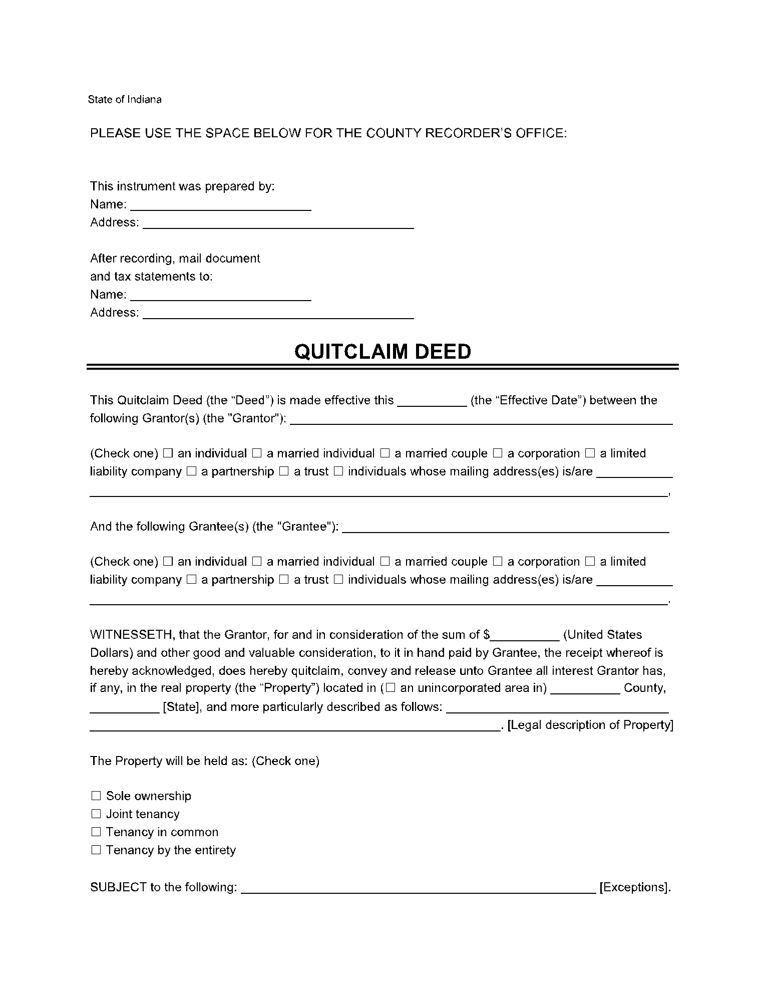 Free Indiana Quit Claim Deed Form (2021 Updated) | Cocosign inside Free Printable Quit Claim Deed Form Indiana