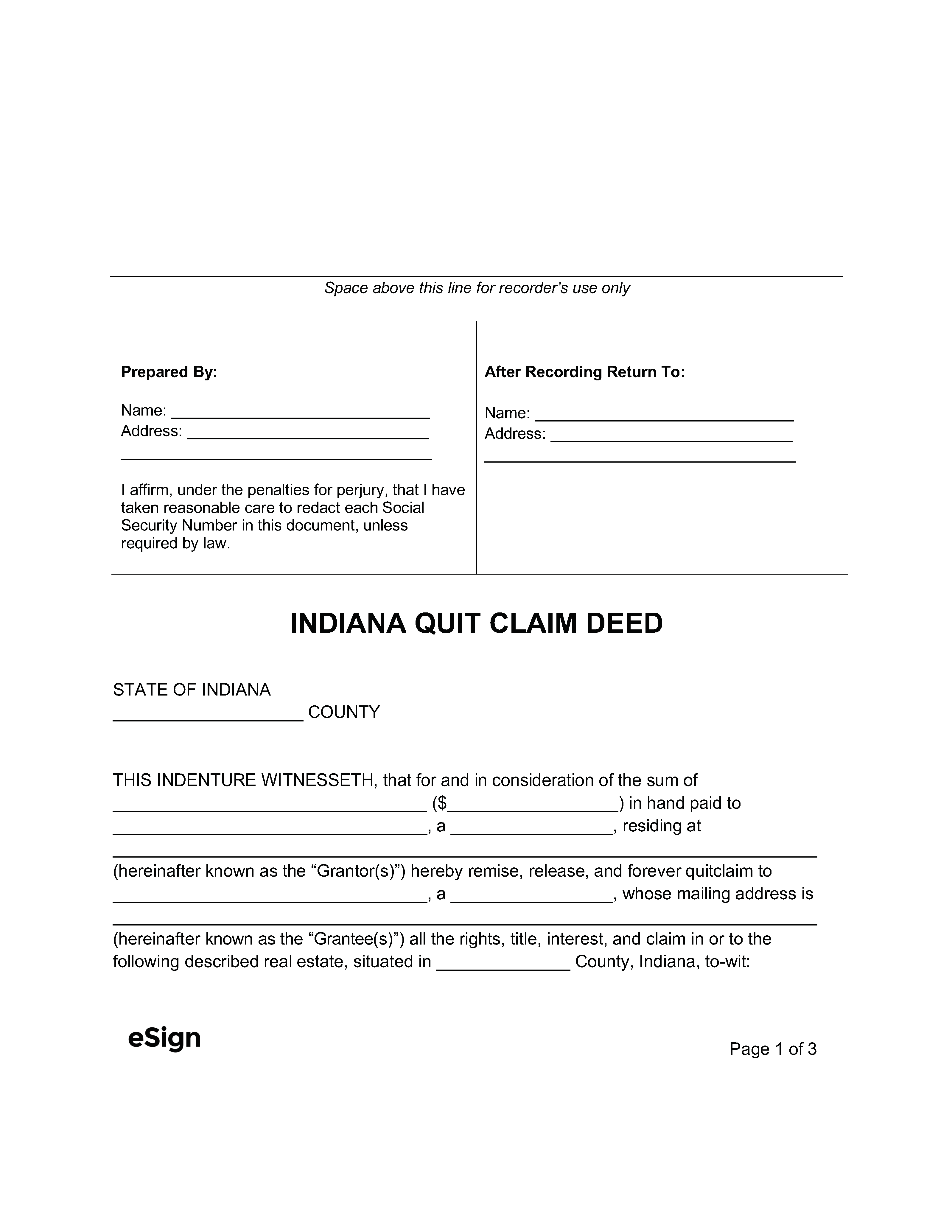 Free Indiana Quit Claim Deed Form | Pdf | Word throughout Free Printable Quit Claim Deed Form Indiana