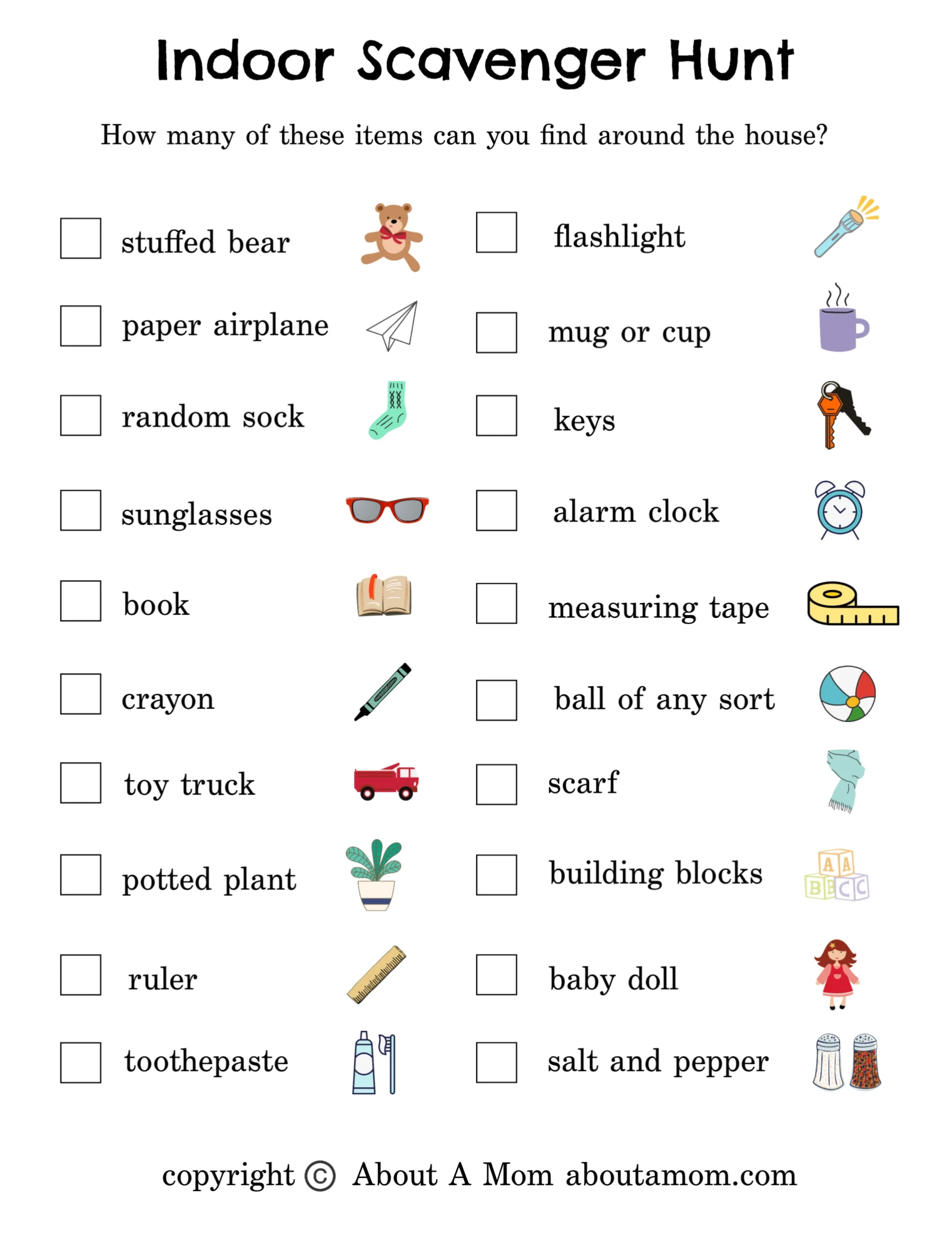 Free Indoor Scavenger Hunt Printable - About A Mom in Free Printable Scavenger Hunt