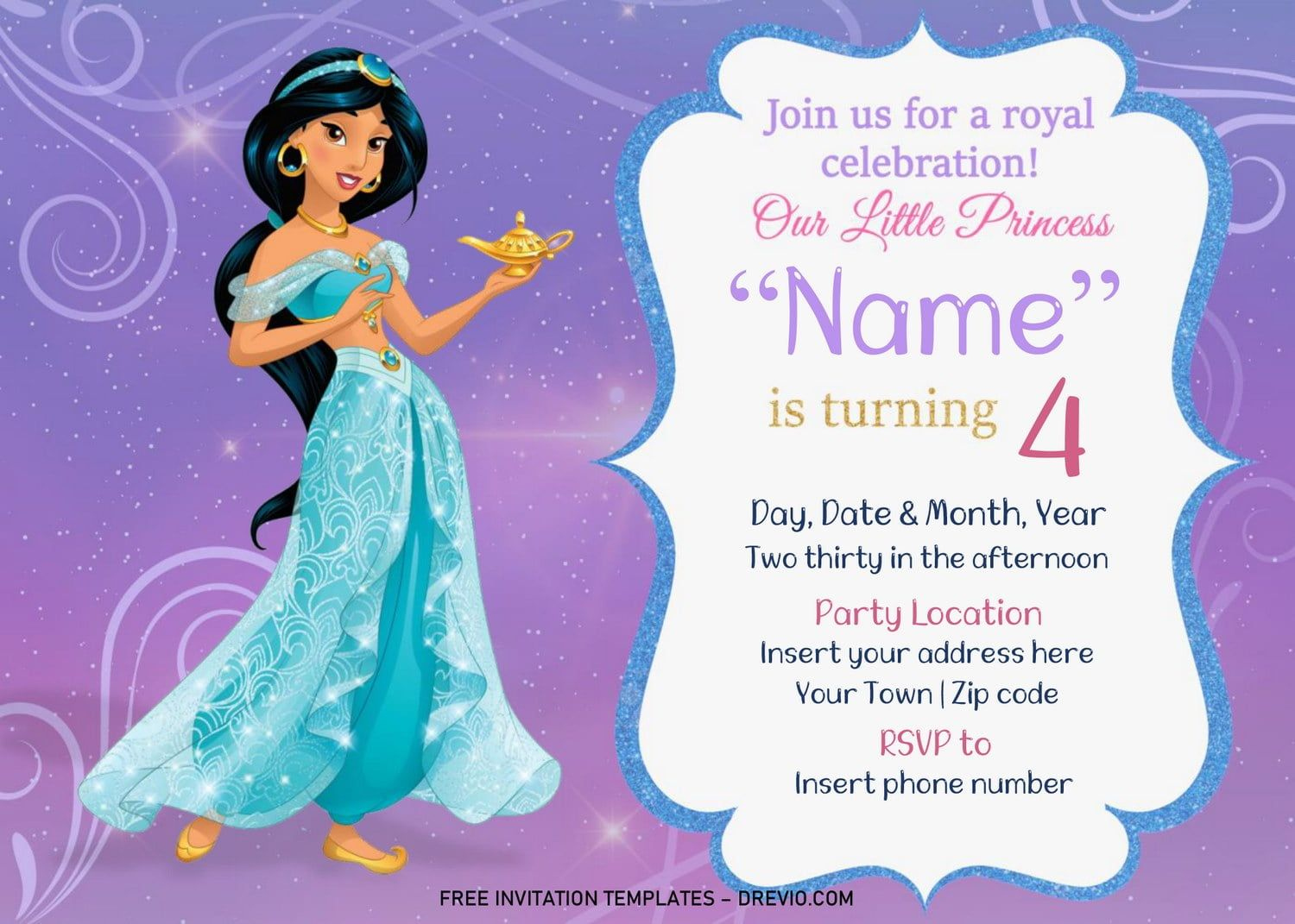 Free Jasmine Birthday Invitation Templates For Word | Jasmine pertaining to Free Printable Princess Jasmine Invitations