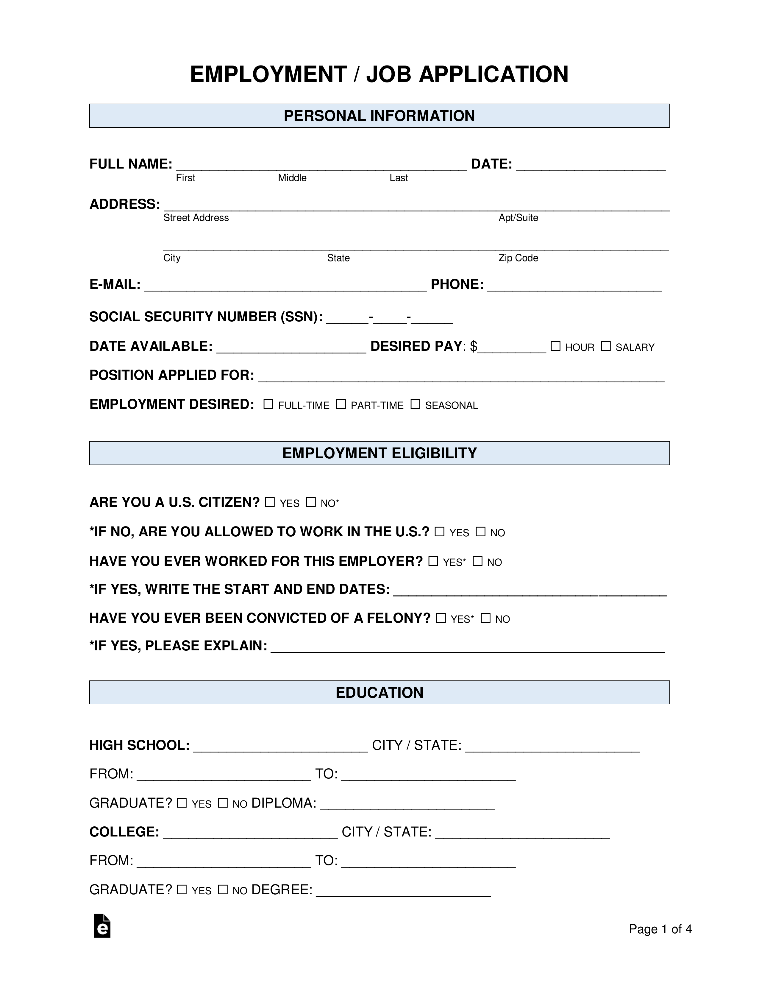 Free Job Application Form (Standard Template) - Pdf | Word – Eforms throughout Free Printable Job Application Template