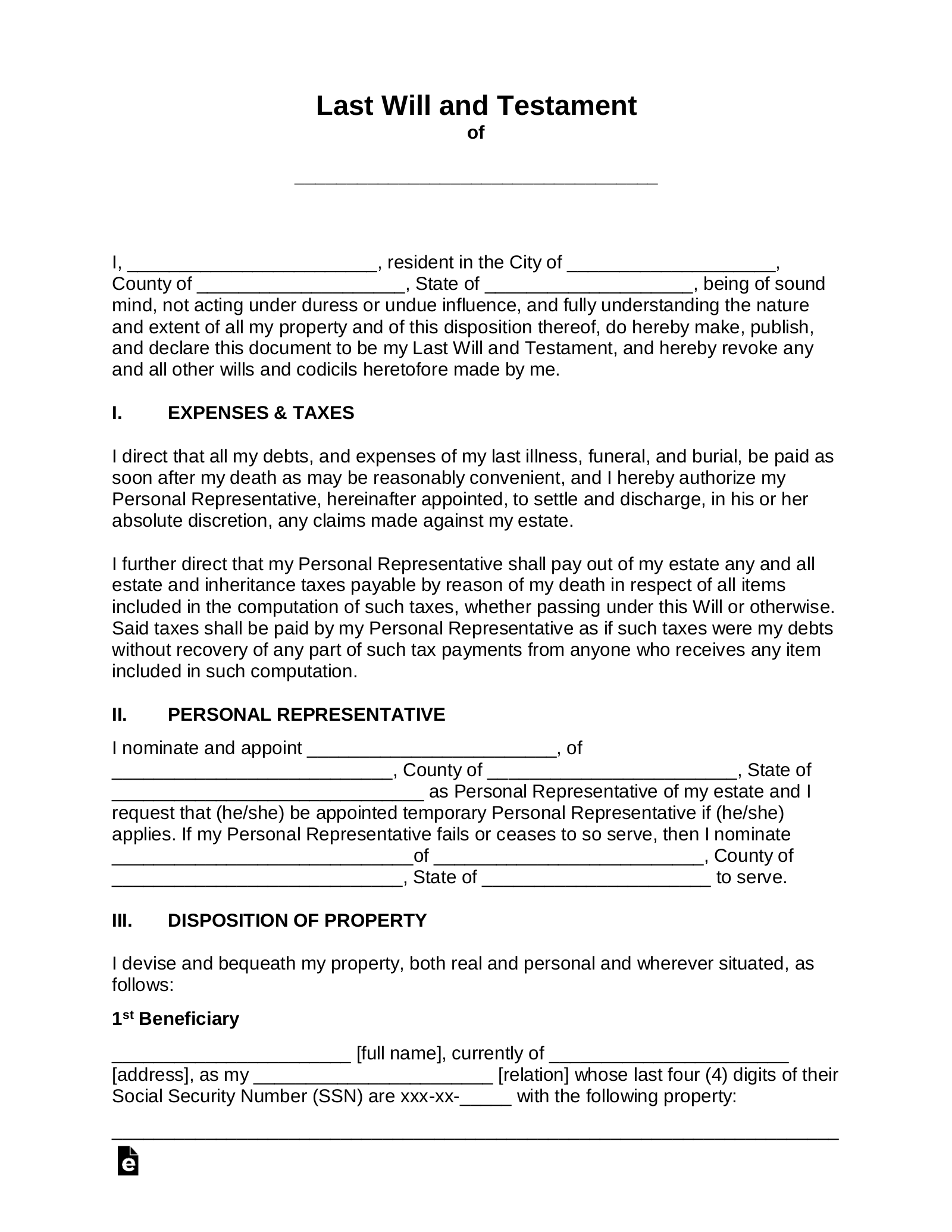 Free Last Will And Testament (Will) - Pdf | Word – Eforms for Free Printable Blank Last Will and Testament