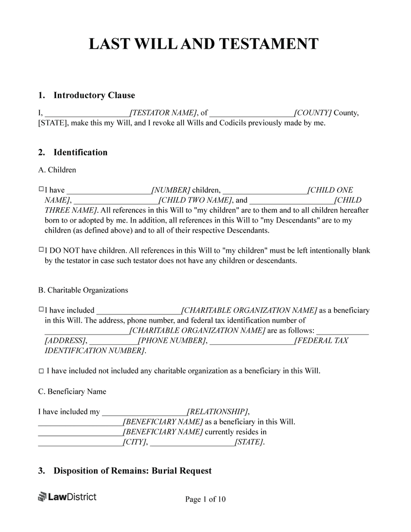 Free Last Will &amp;amp; Testament Form | Printable Pdf &amp;amp; Word | Lawdistrict pertaining to Free Printable Blank Last Will and Testament