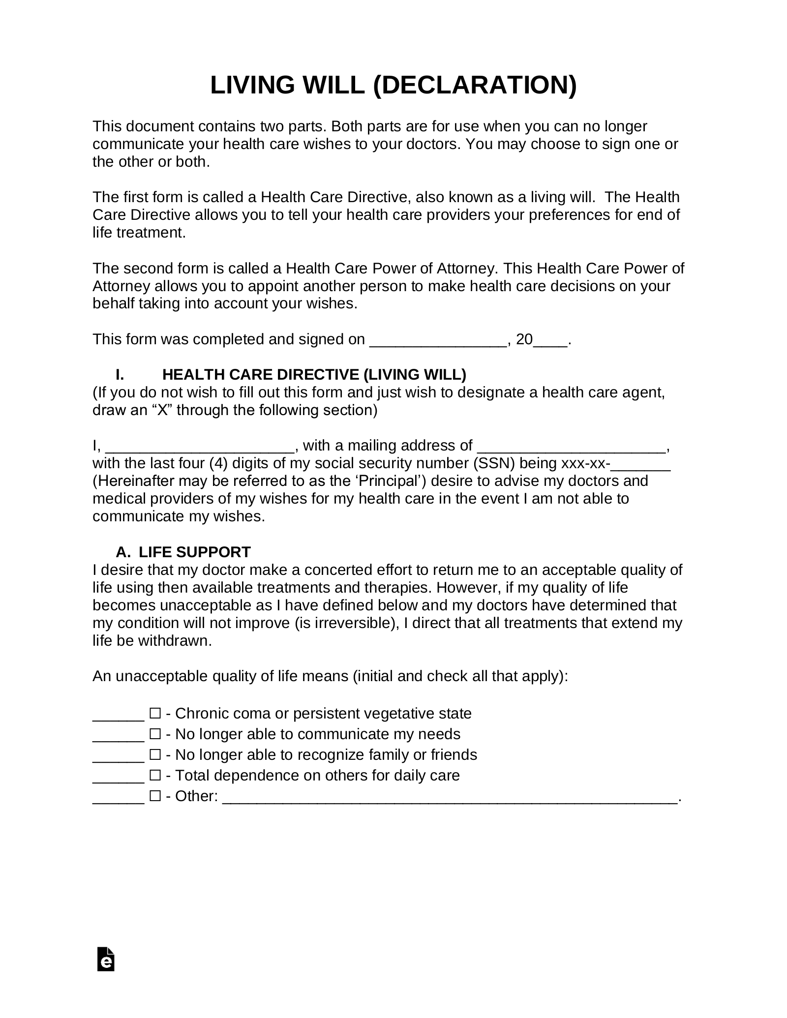 Free Living Will Form (Health Care Directive) - Pdf | Word – Eforms regarding Free Printable Advance Directive Form