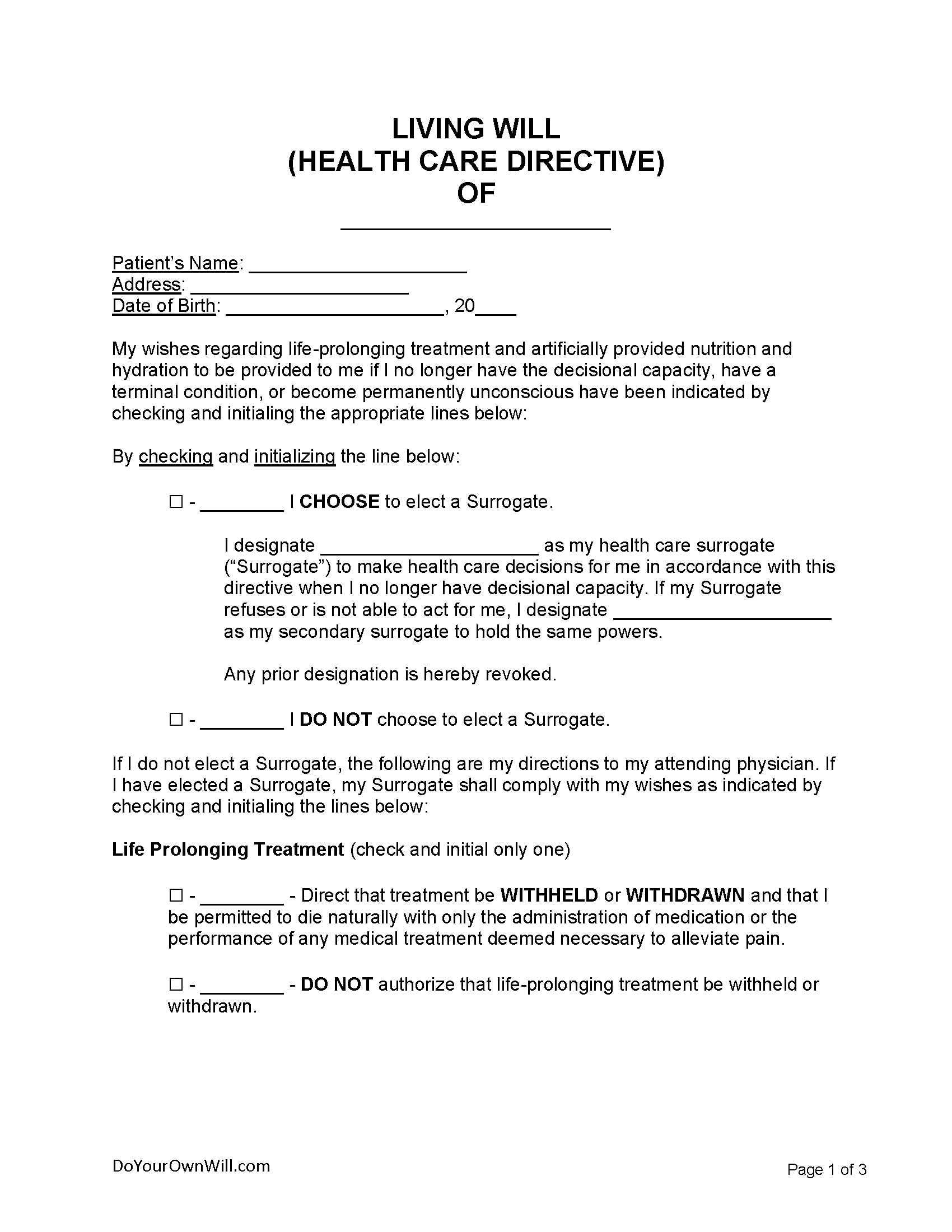 Free Living Will Form (&amp;quot;Health Care Directive&amp;quot;) | Pdf | Word | Odt within Free Printable Living Will