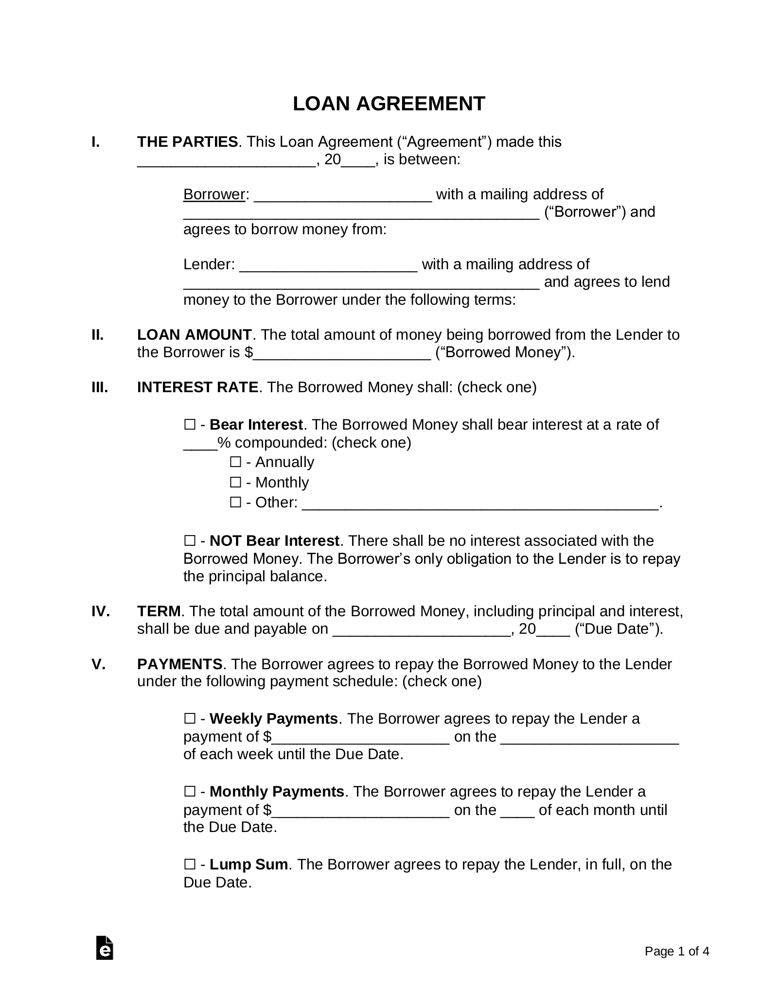 Free Loan Agreement Templates (10) - Pdf | Word – Eforms in Free Printable Loan Agreement Form