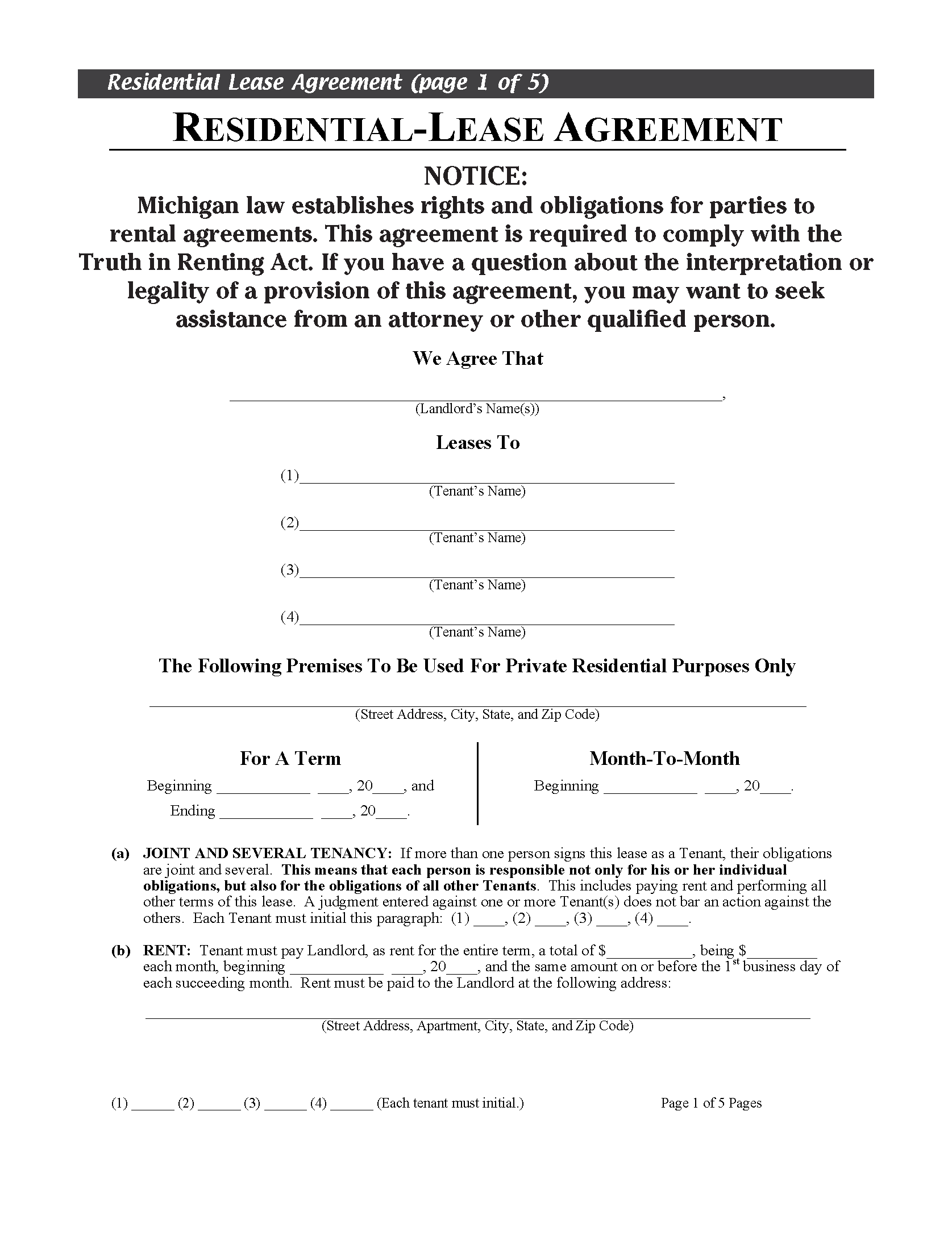 Free Michigan Residential Lease Agreement | Pdf in Free Printable Michigan Residential Lease Agreement