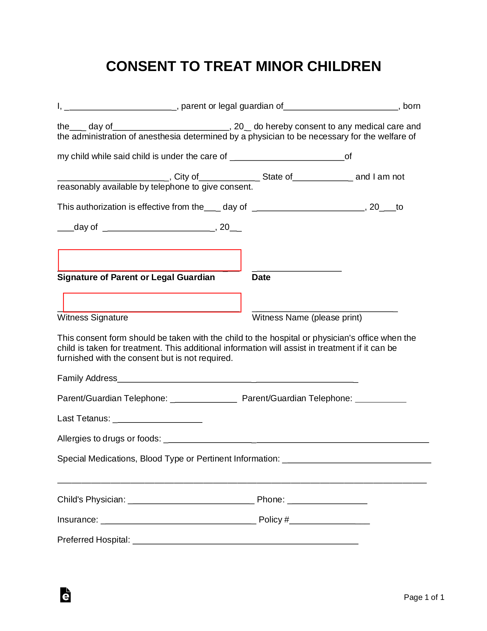 Free Minor (Child) Medical Consent Form - Pdf | Word – Eforms in Free Printable Child Medical Consent Form