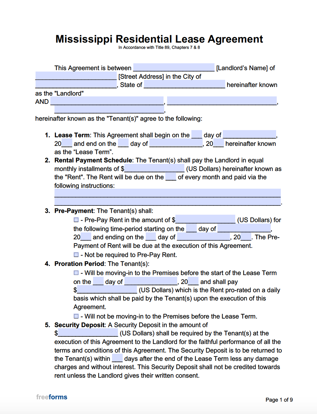 Free Mississippi Rental Lease Agreement Templates | Pdf | Word throughout Free Printable Lease Agreement