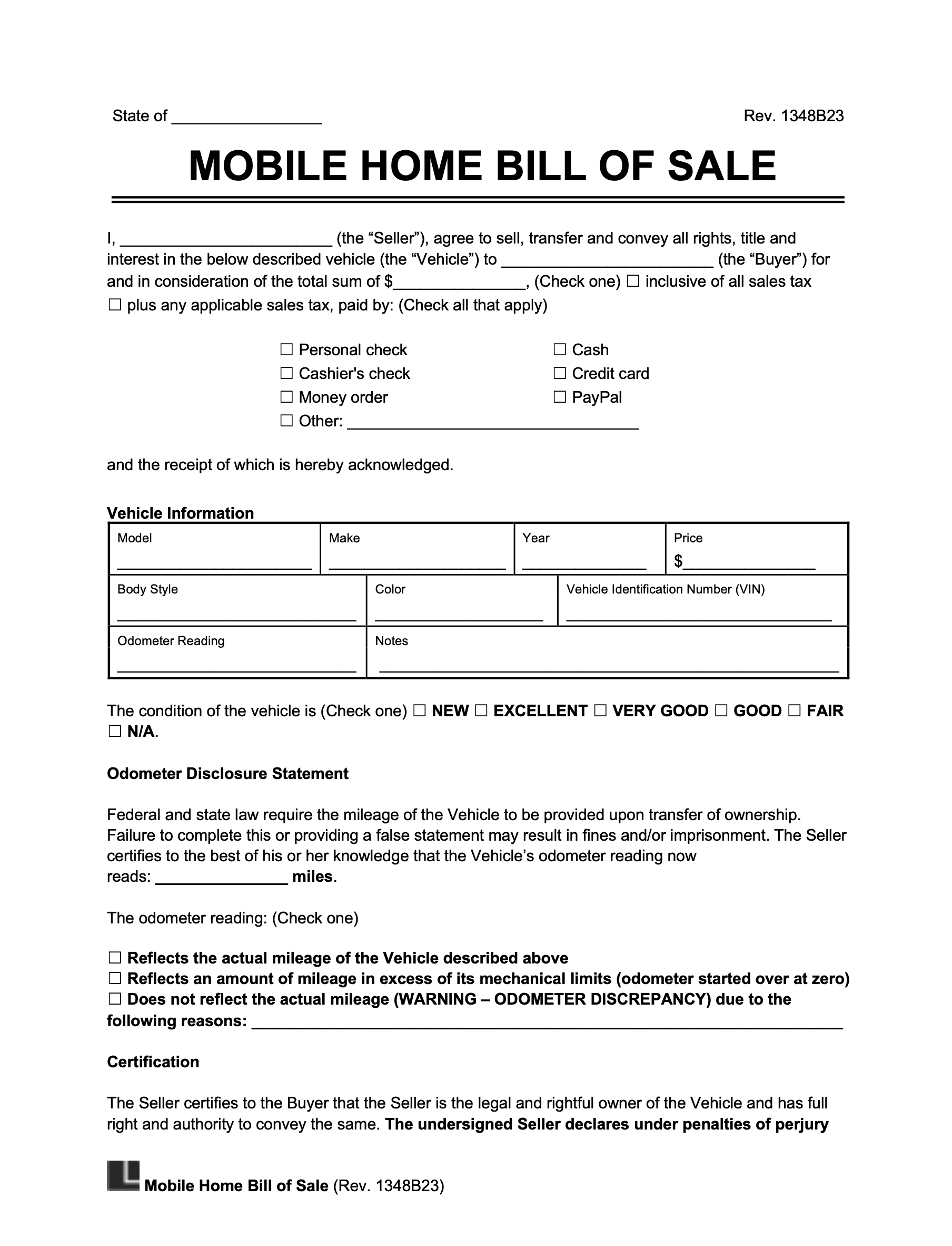 Free Mobile (Manufactured) Home Bill Of Sale Form | Legal Templates throughout Free Printable Bill of Sale for Mobile Home