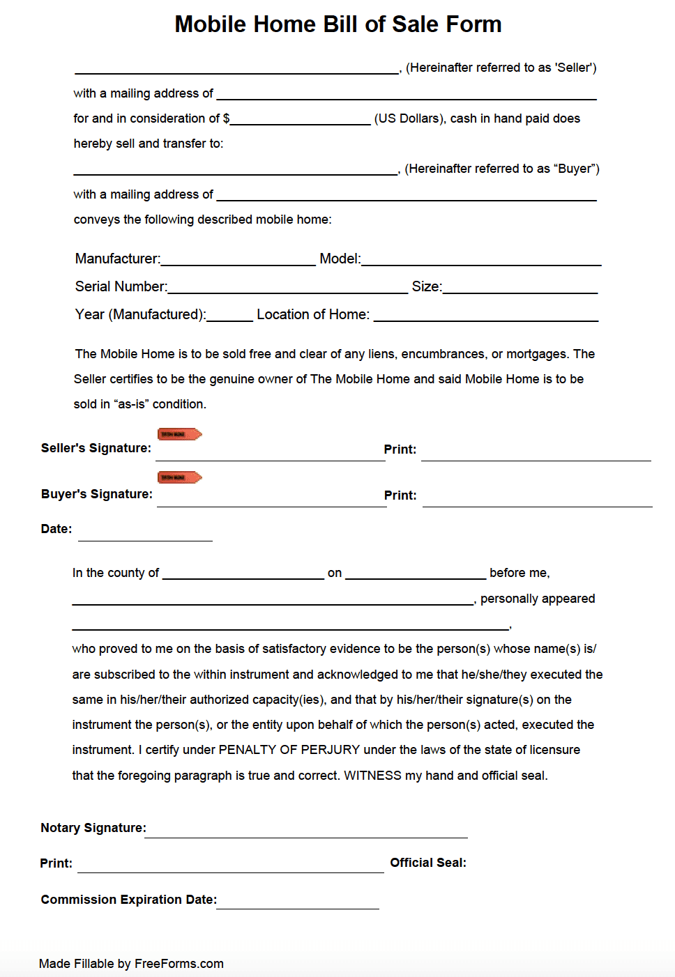 Free Mobile (Manufactured) Home Bill Of Sale Form | Pdf for Free Printable Bill Of Sale For Mobile Home