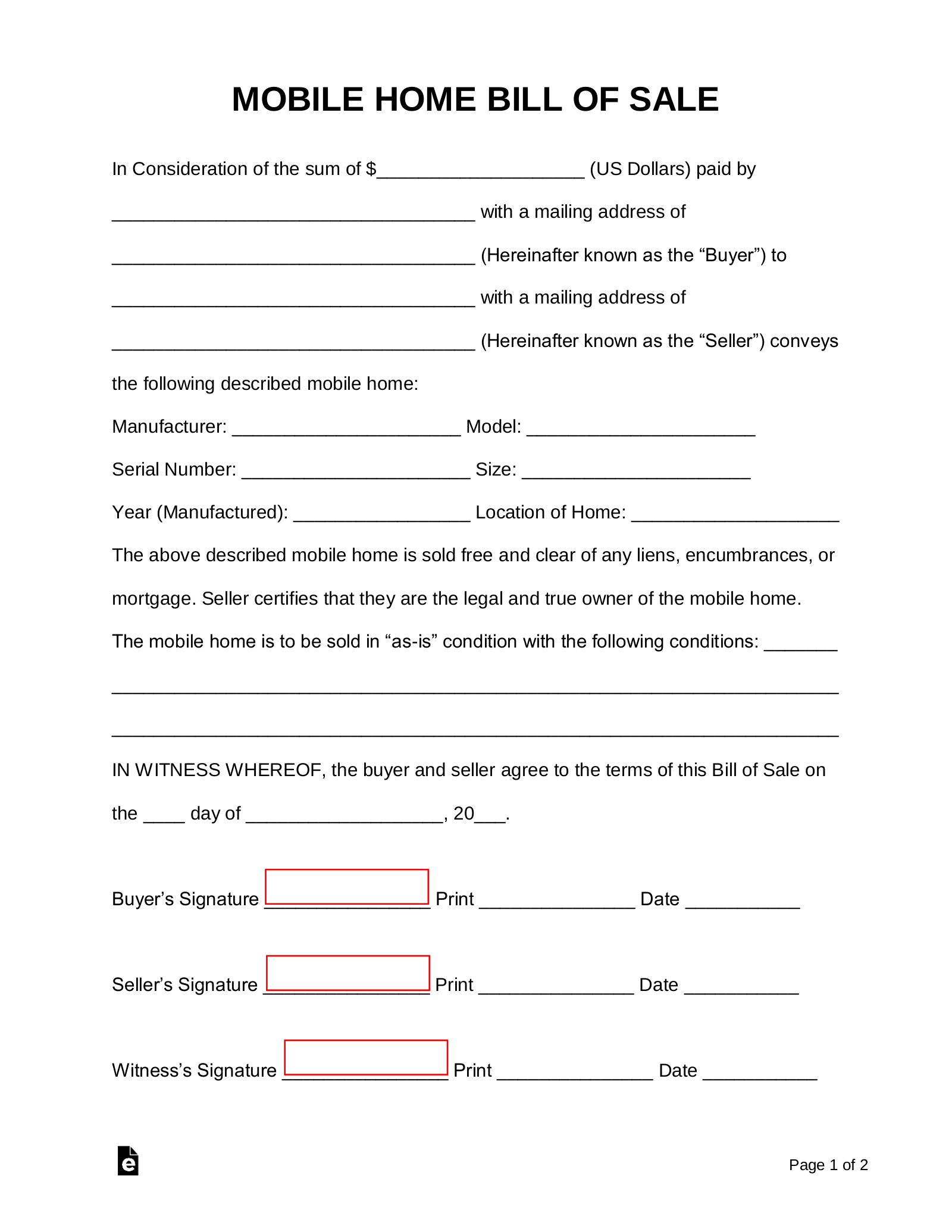 Free Mobile (Manufactured) Home Bill Of Sale Form - Pdf | Word inside Free Printable Bill Of Sale For Mobile Home