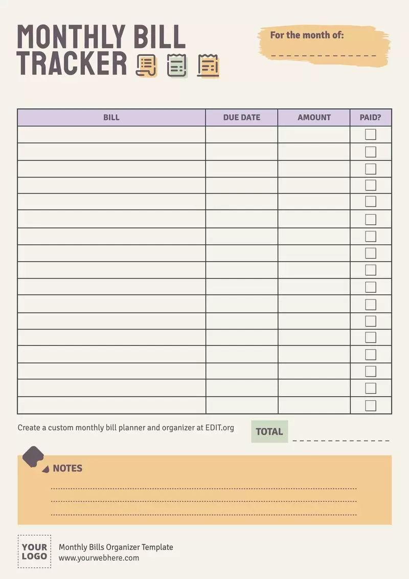 Free Monthly Bills Organizer Templates with regard to Free Printable Bill Organizer