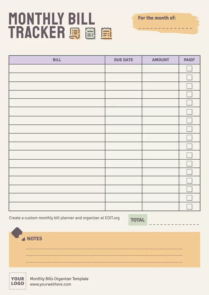 Free Monthly Bills Organizer Templates within Free Printable Monthly Bill Payment Worksheet