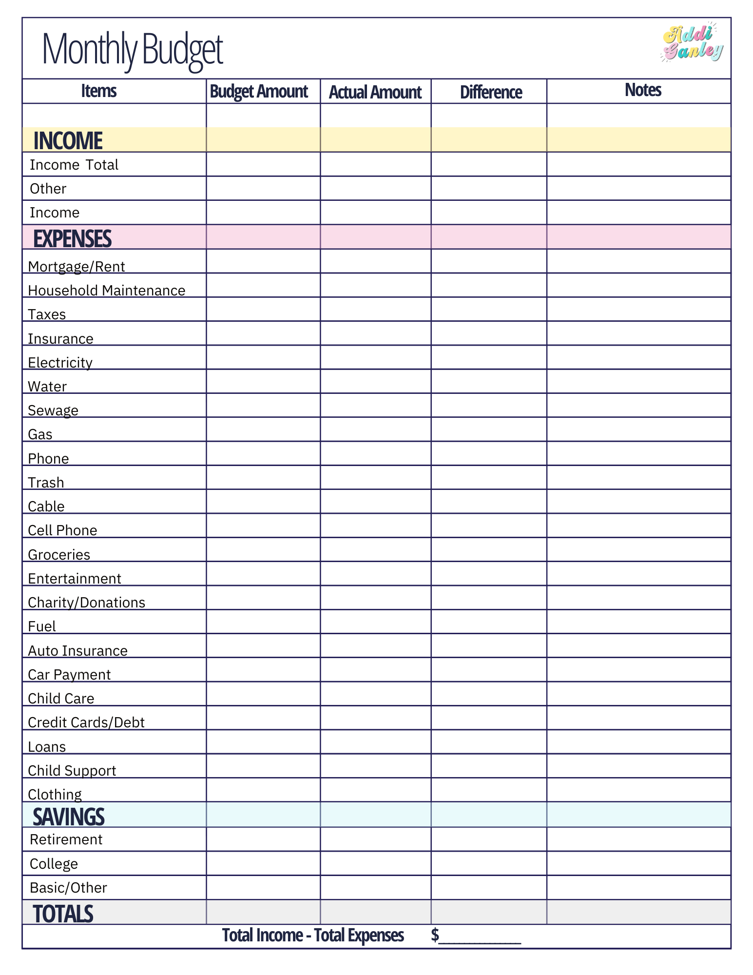 Free Monthly Budget Template - Instant Download inside Free Printable Household Expense Sheets